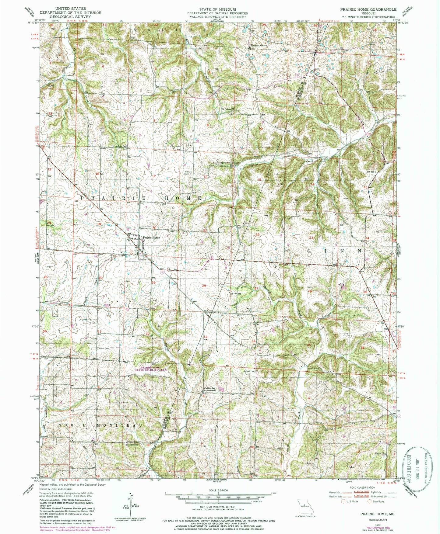 Classic USGS Prairie Home Missouri 7.5'x7.5' Topo Map Image