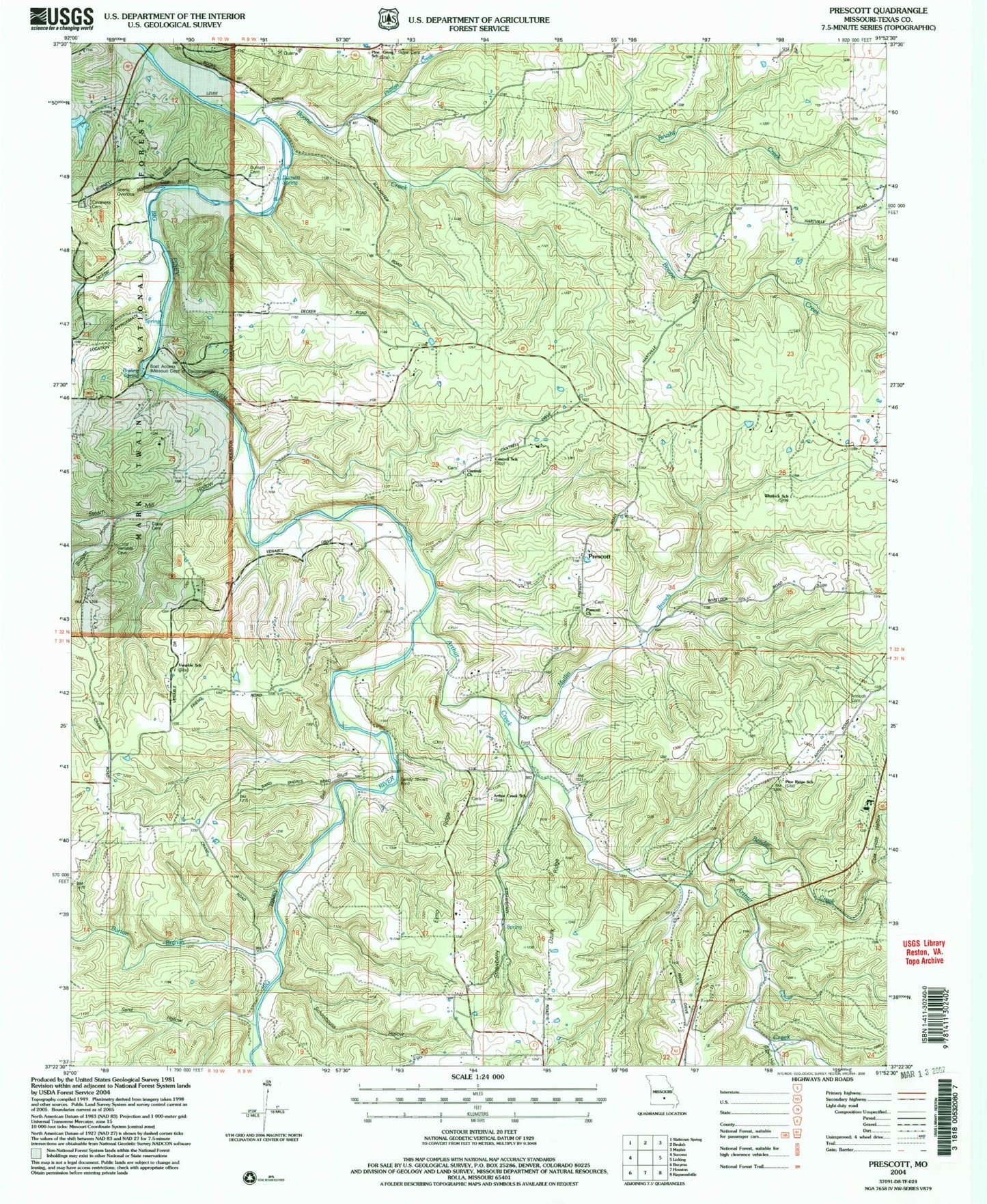Classic USGS Prescott Missouri 7.5'x7.5' Topo Map Image