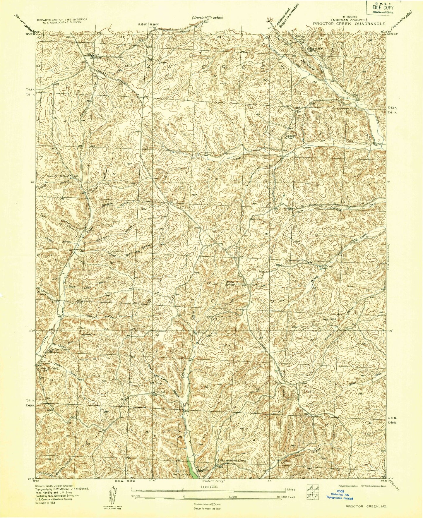 Classic USGS Proctor Creek Missouri 7.5'x7.5' Topo Map Image