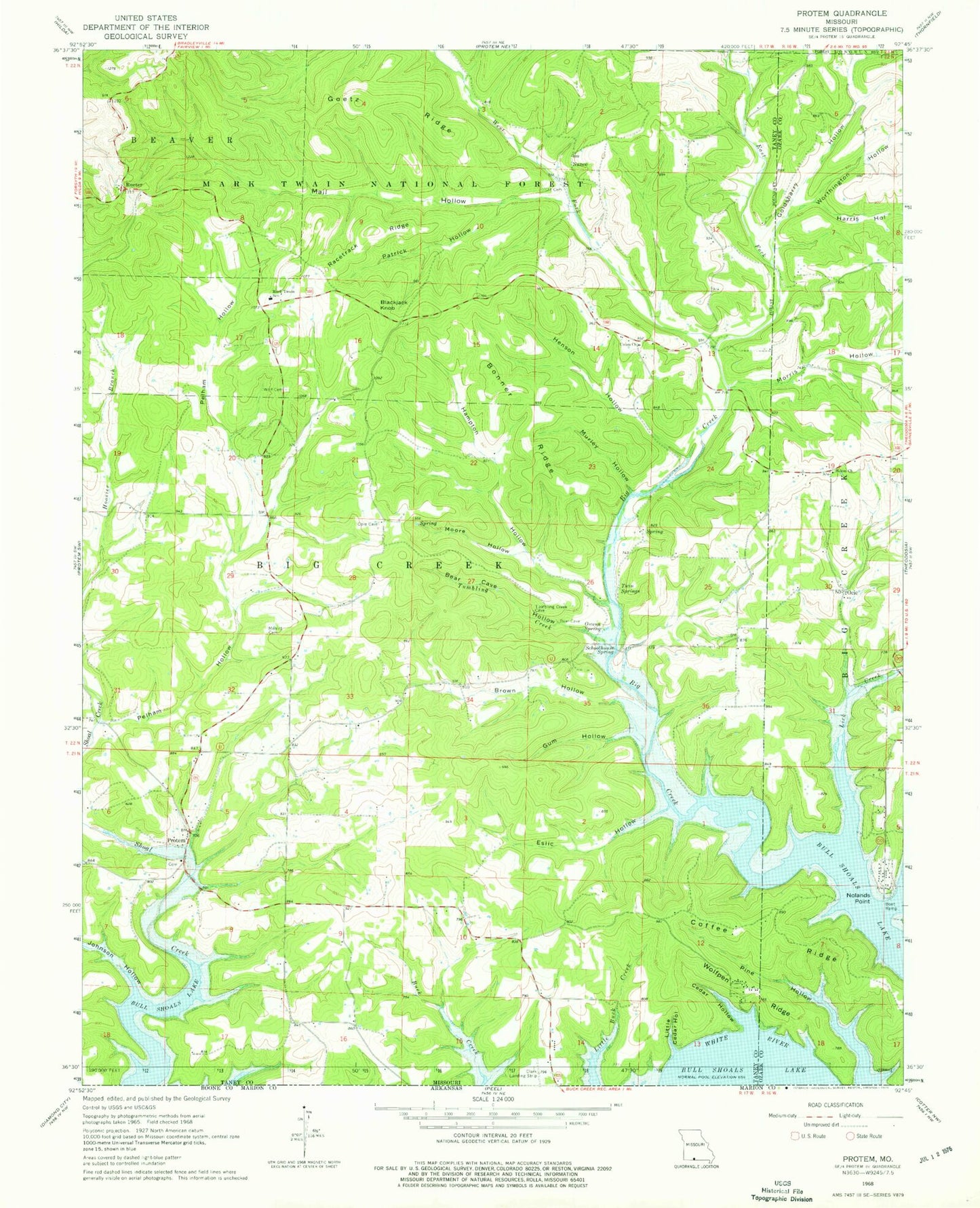Classic USGS Protem Missouri 7.5'x7.5' Topo Map Image