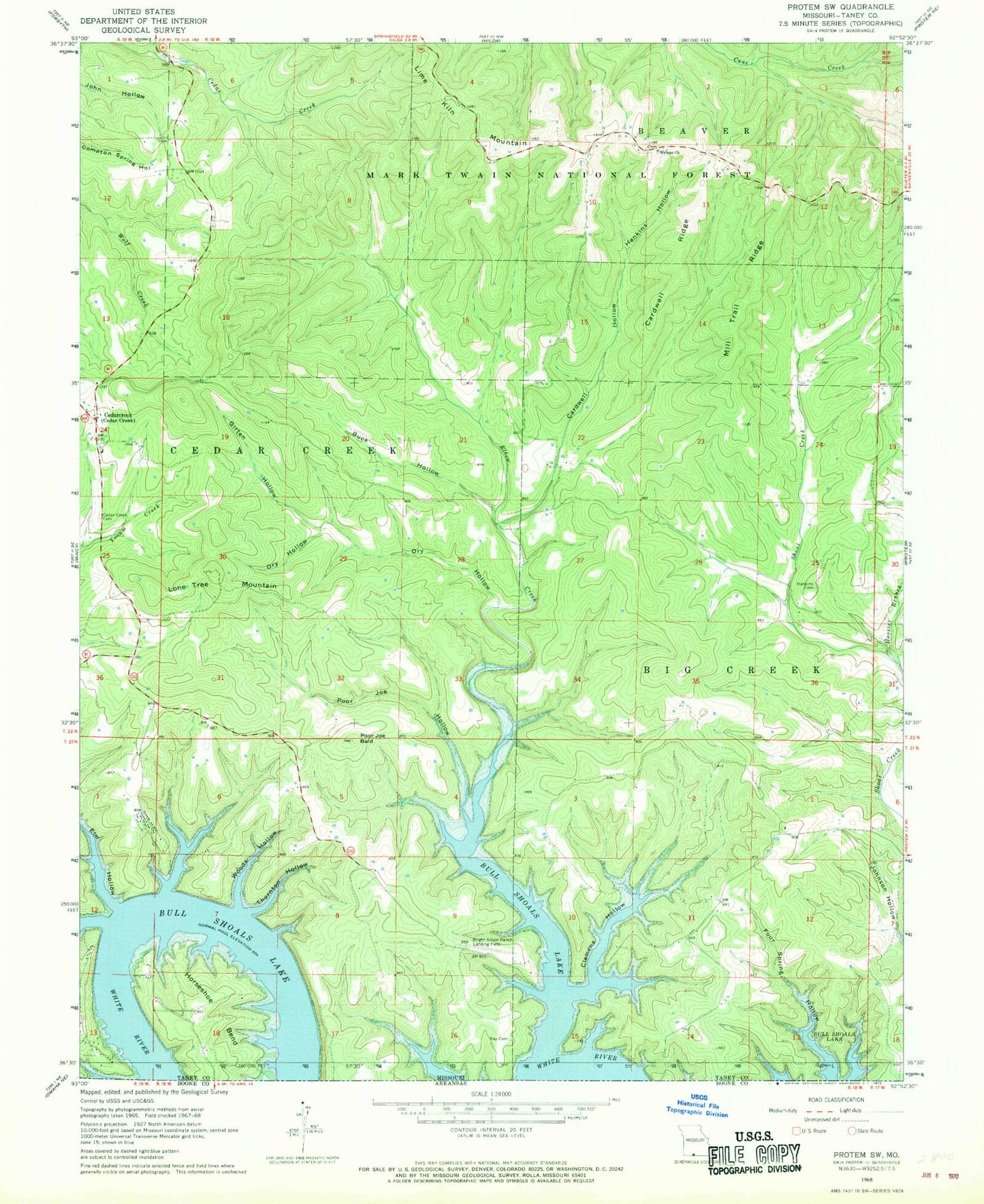 Classic USGS Protem SW Missouri 7.5'x7.5' Topo Map Image