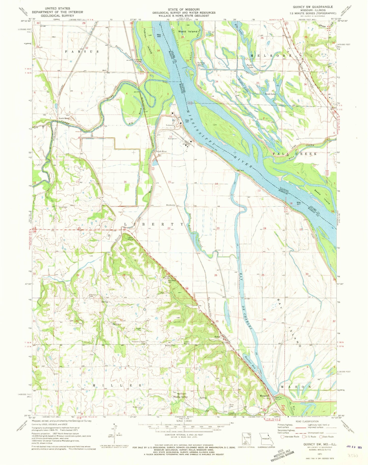 Classic USGS Quincy SW Missouri 7.5'x7.5' Topo Map Image