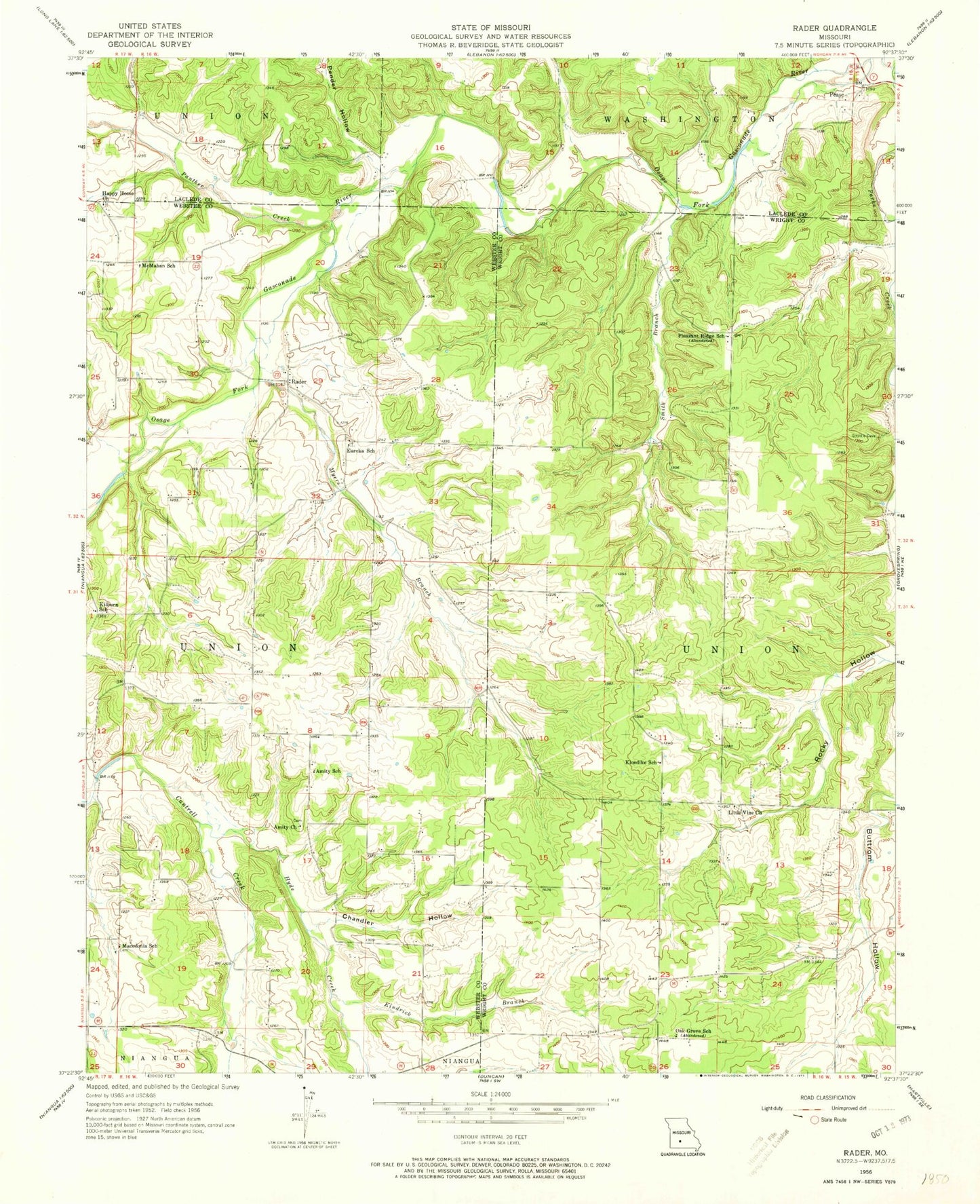 Classic USGS Rader Missouri 7.5'x7.5' Topo Map Image