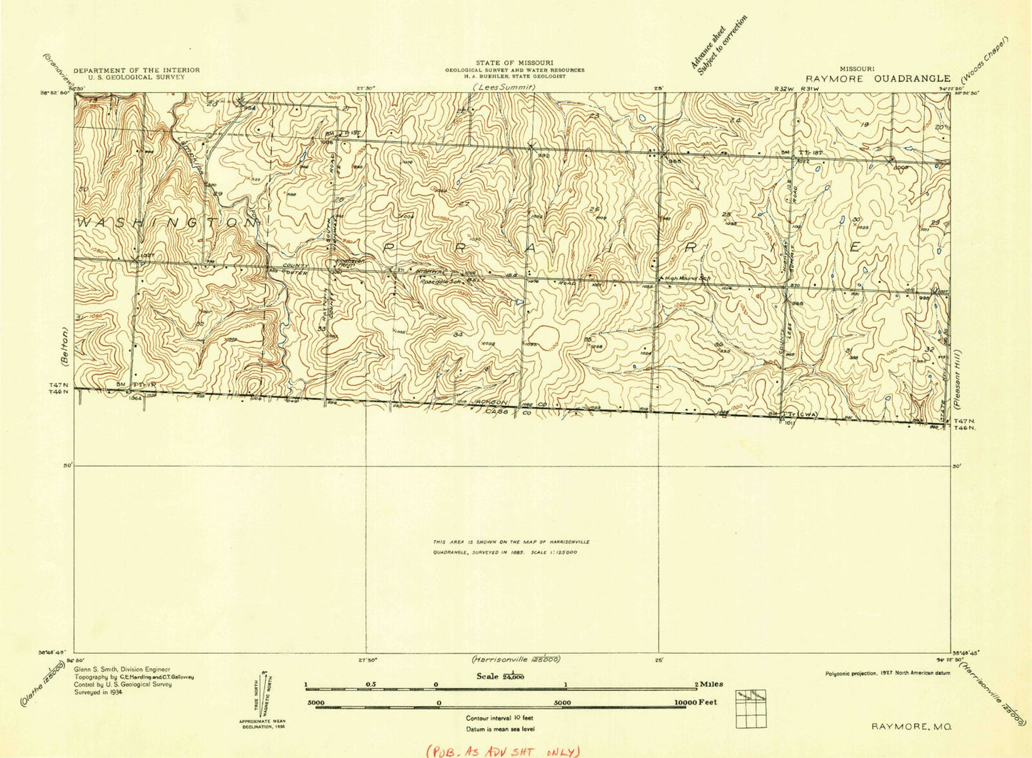 Classic USGS Raymore Missouri 7.5'x7.5' Topo Map Image