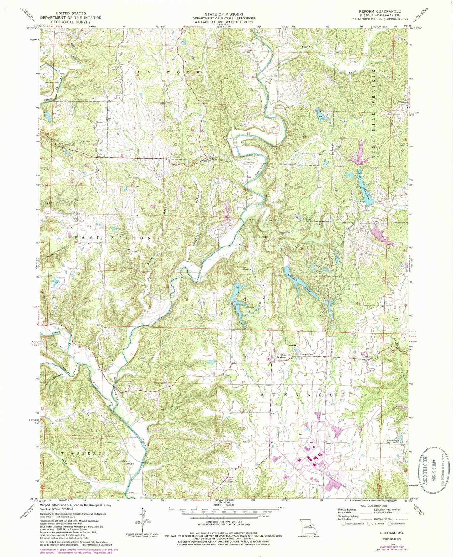 Classic USGS Reform Missouri 7.5'x7.5' Topo Map Image