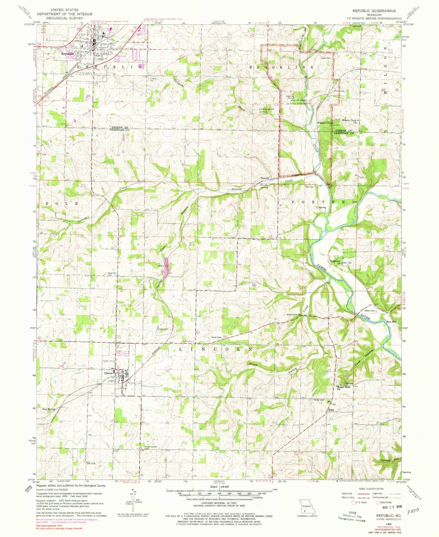 Classic USGS Republic Missouri 7.5'x7.5' Topo Map Image