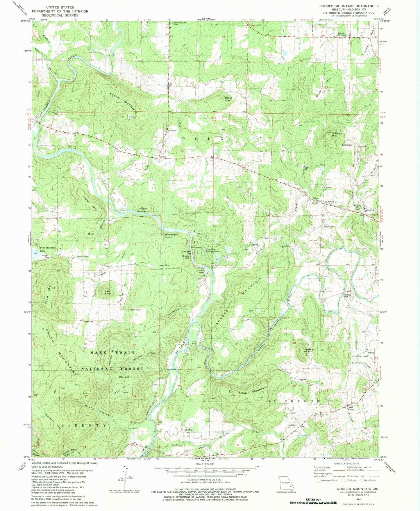 Classic USGS Rhodes Mountain Missouri 7.5'x7.5' Topo Map Image