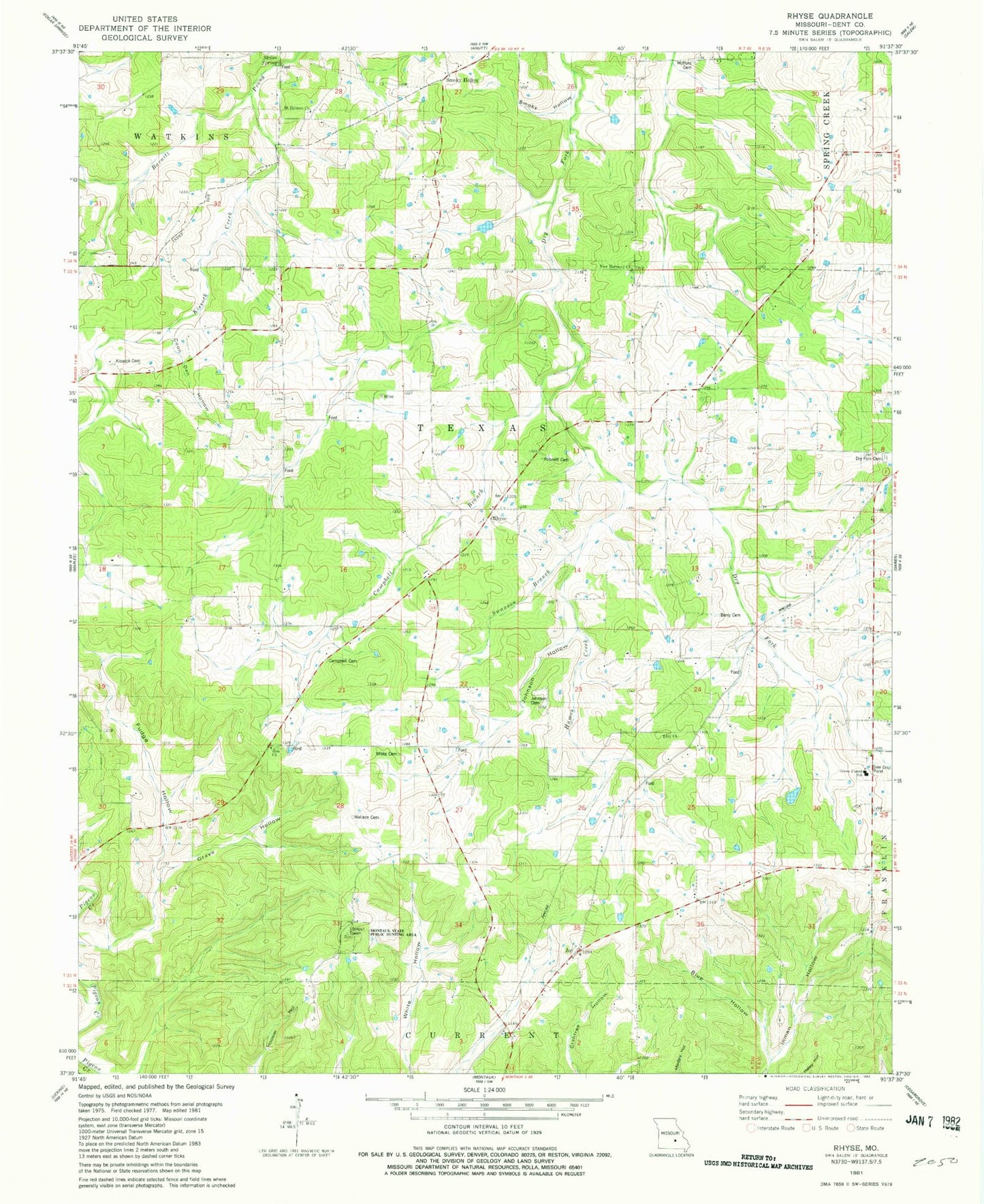 Classic USGS Rhyse Missouri 7.5'x7.5' Topo Map Image