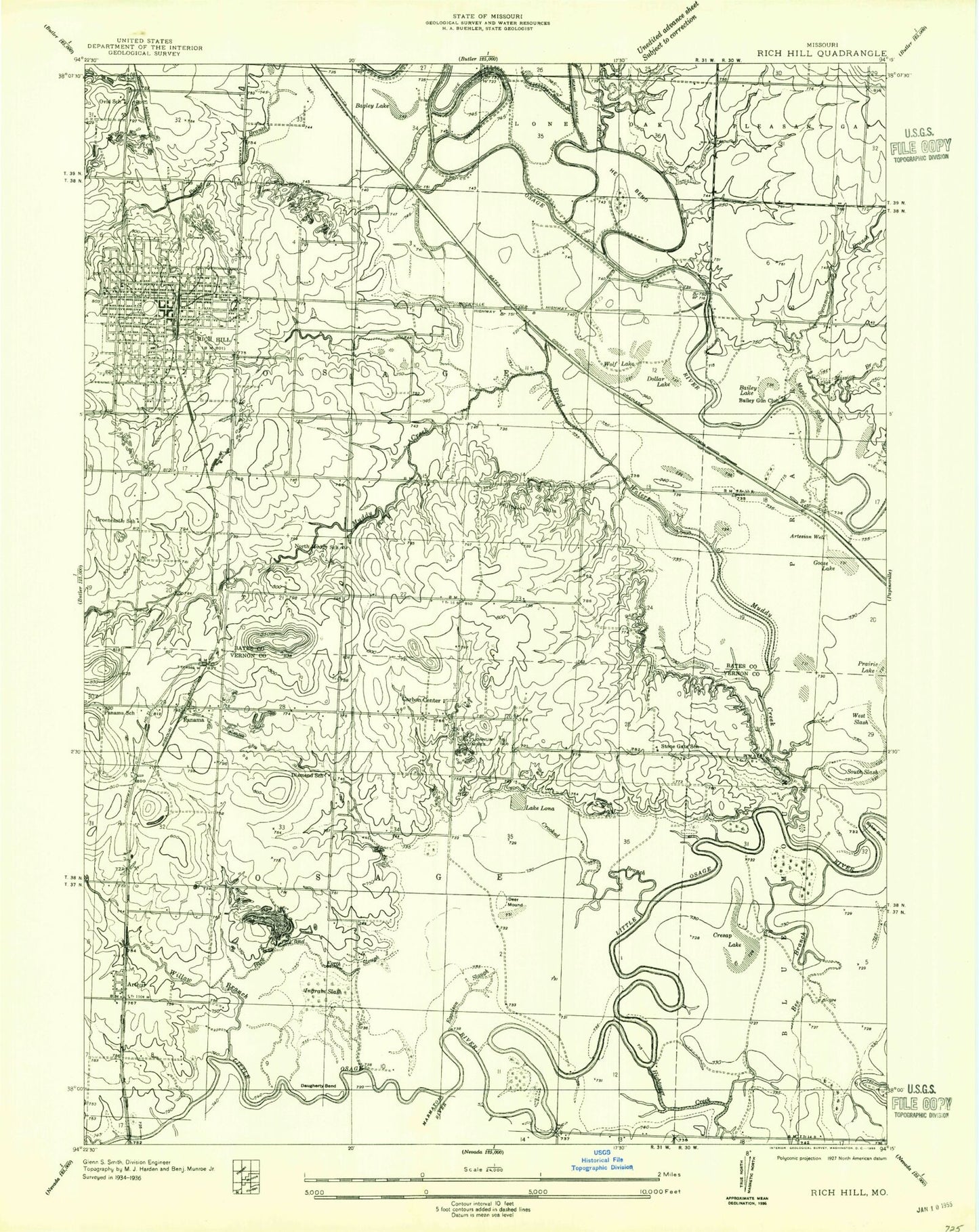 Classic USGS Rich Hill Missouri 7.5'x7.5' Topo Map Image