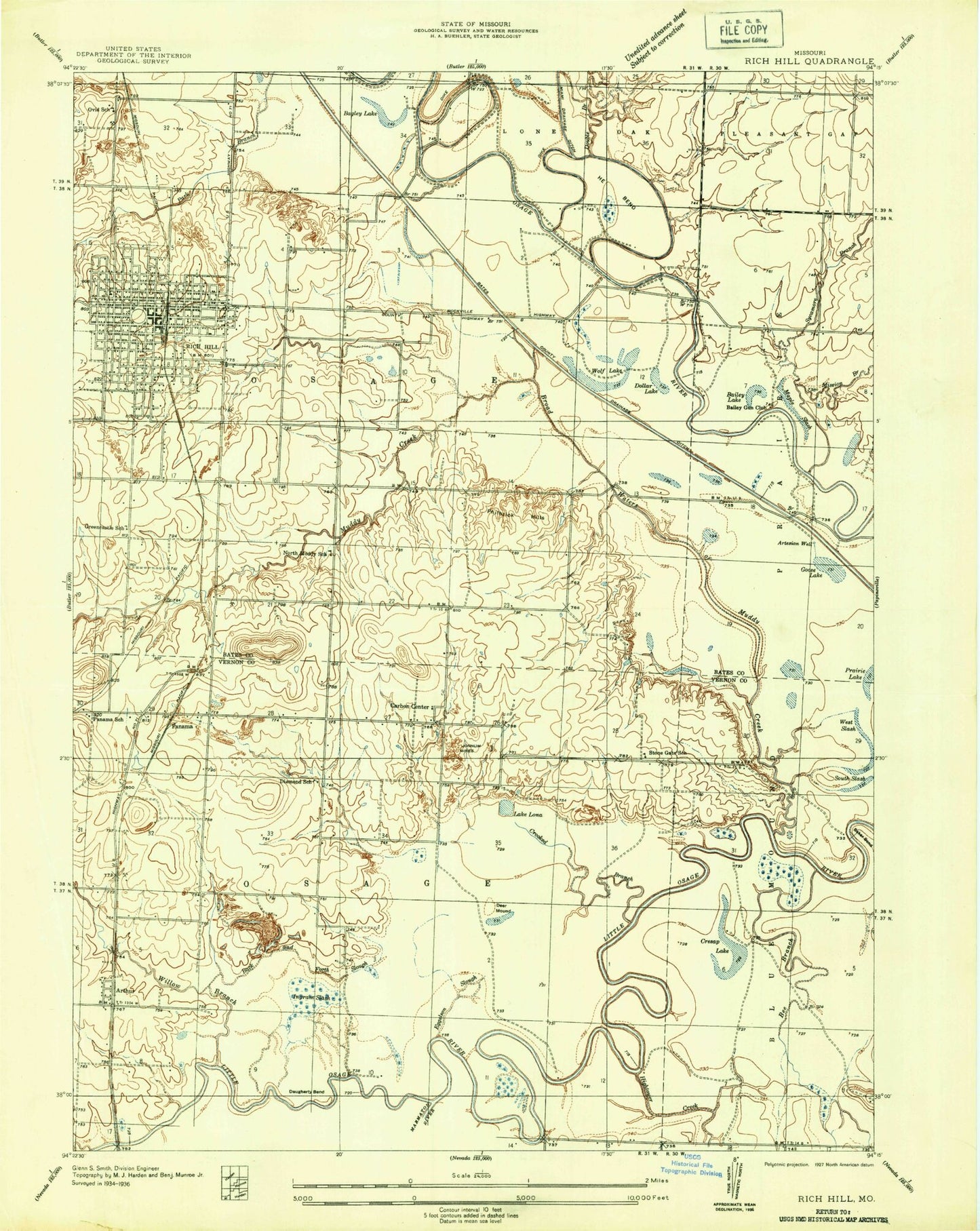 Classic USGS Rich Hill Missouri 7.5'x7.5' Topo Map Image