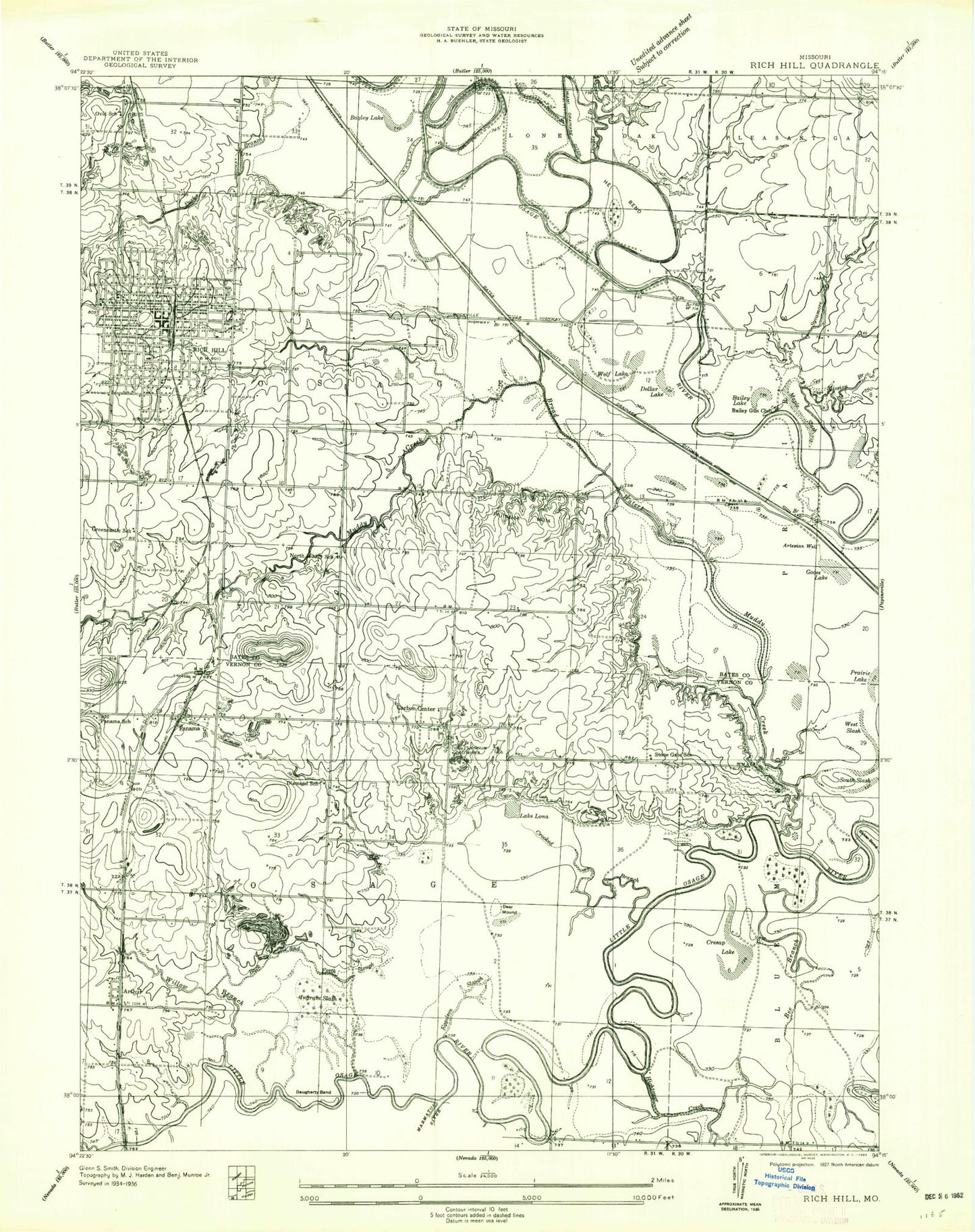 Classic USGS Rich Hill Missouri 7.5'x7.5' Topo Map Image