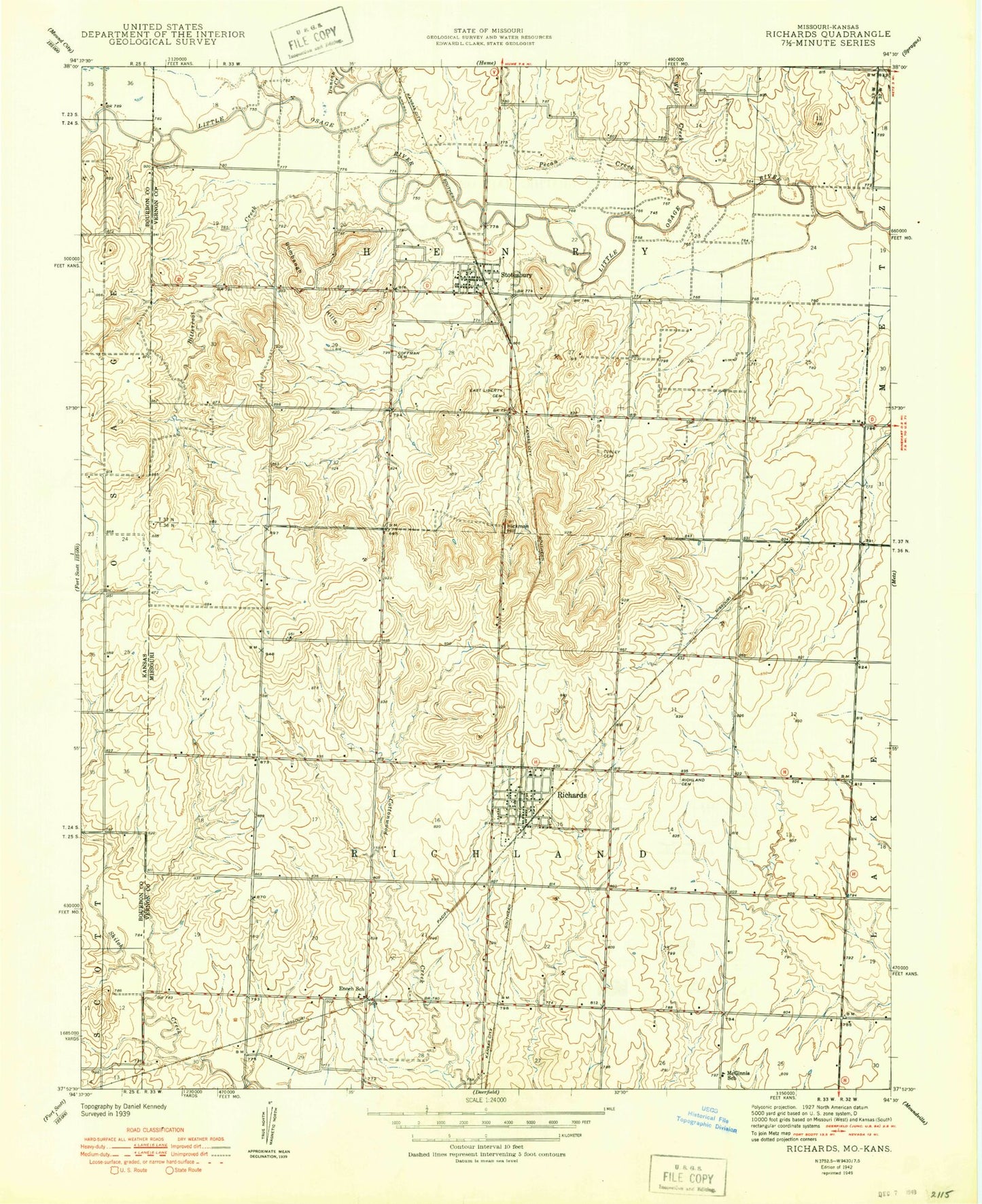 Classic USGS Richards Missouri 7.5'x7.5' Topo Map Image