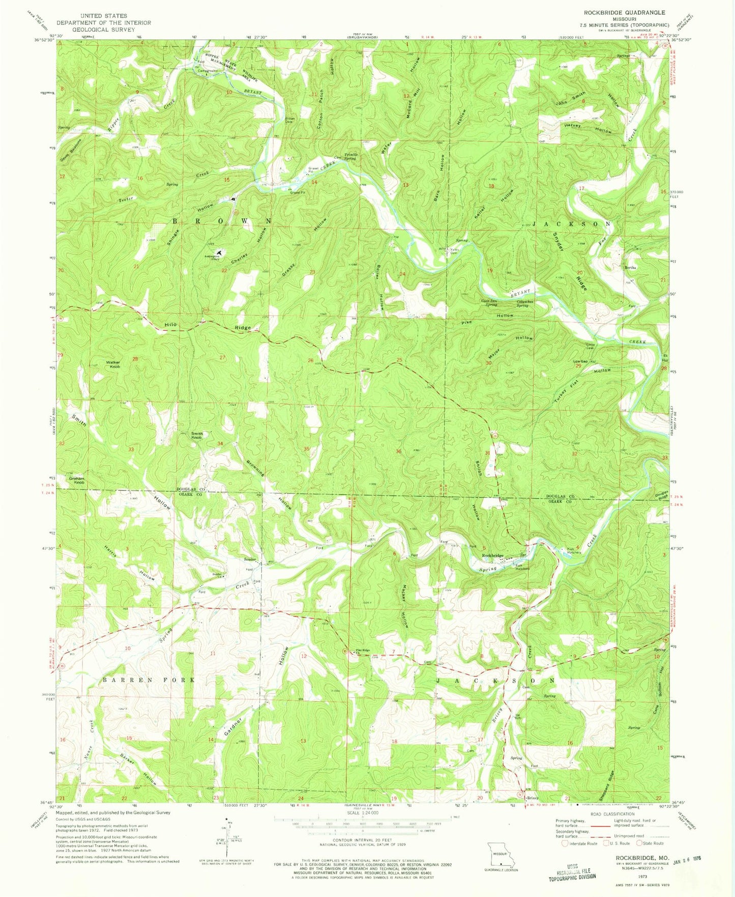 Classic USGS Rockbridge Missouri 7.5'x7.5' Topo Map Image
