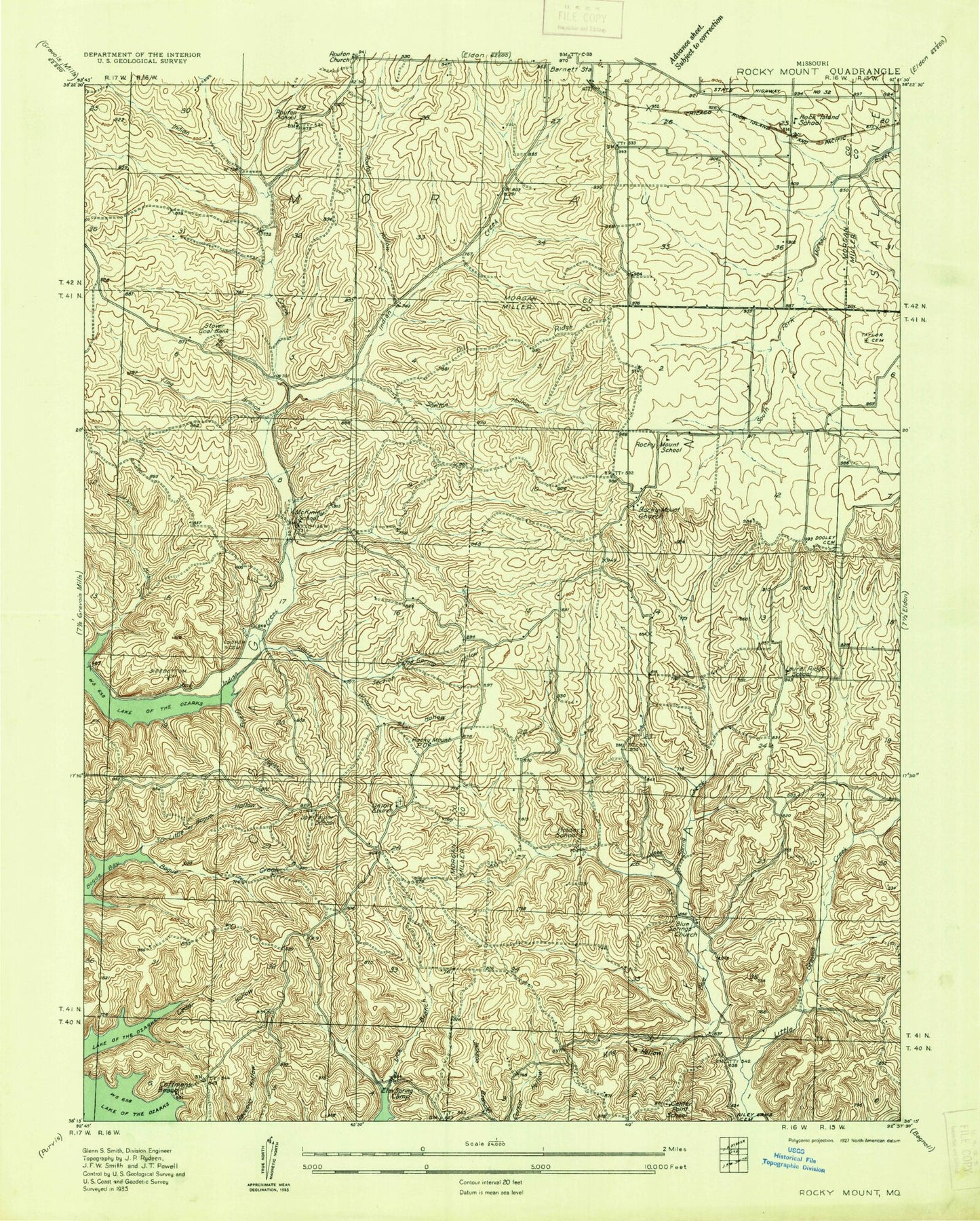 Classic USGS Rocky Mount Missouri 7.5'x7.5' Topo Map Image
