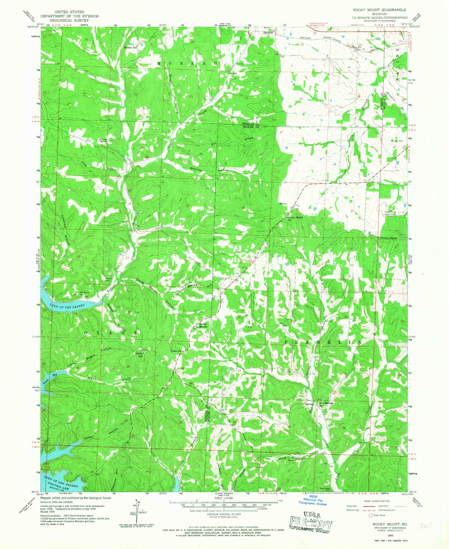 Classic USGS Rocky Mount Missouri 7.5'x7.5' Topo Map Image
