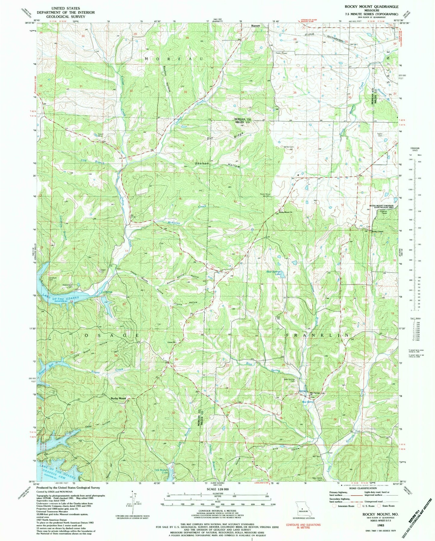 Classic USGS Rocky Mount Missouri 7.5'x7.5' Topo Map Image