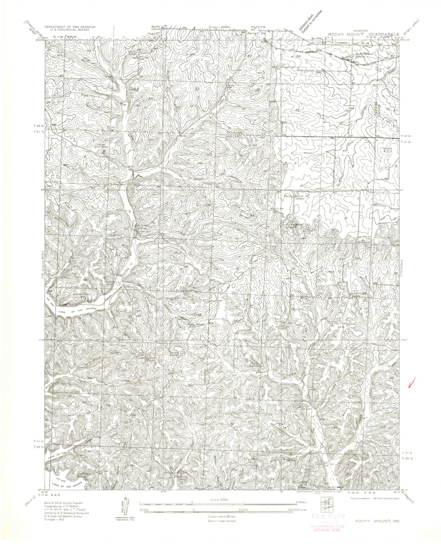 Classic USGS Rocky Mount Missouri 7.5'x7.5' Topo Map Image