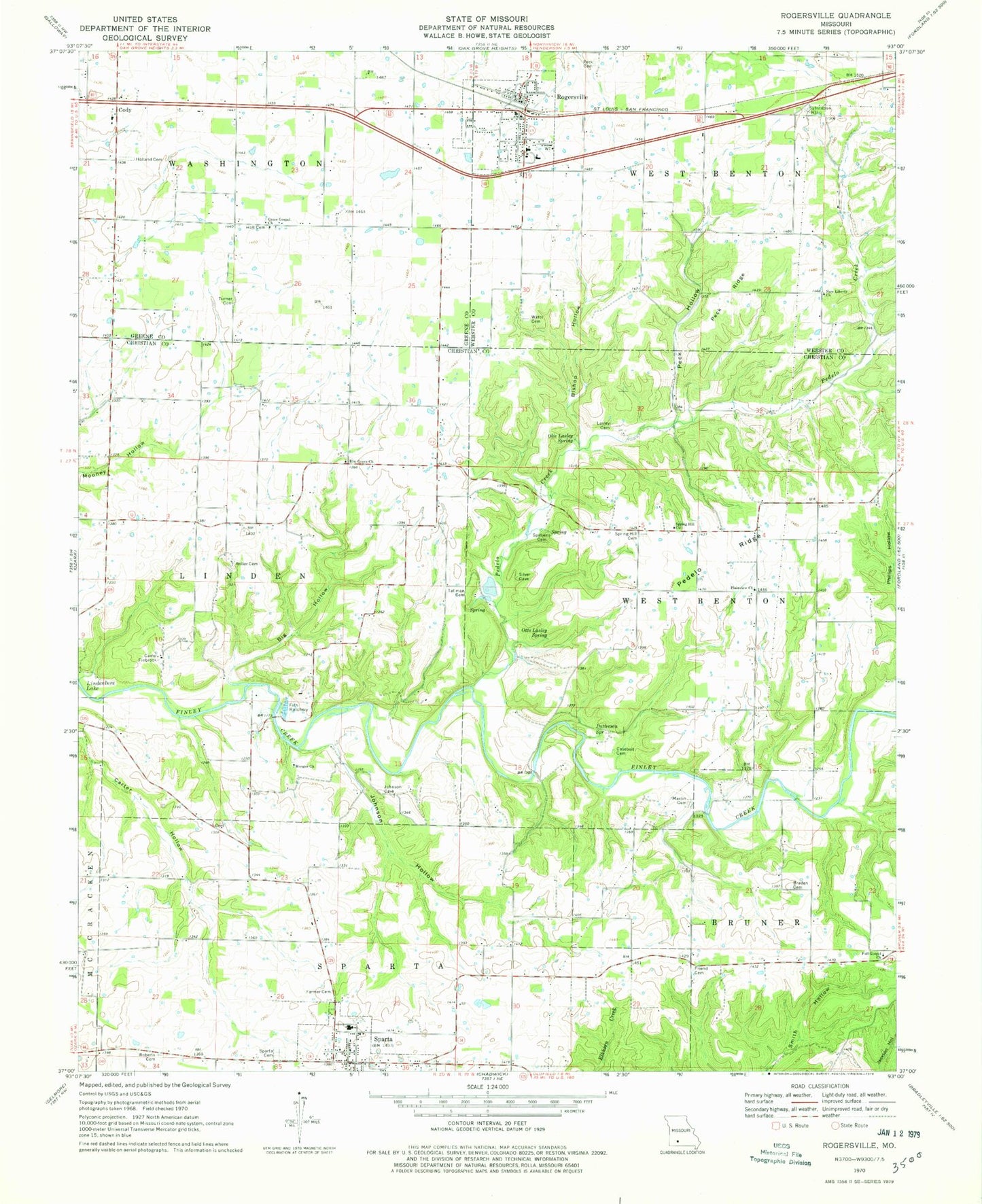 Classic USGS Rogersville Missouri 7.5'x7.5' Topo Map Image