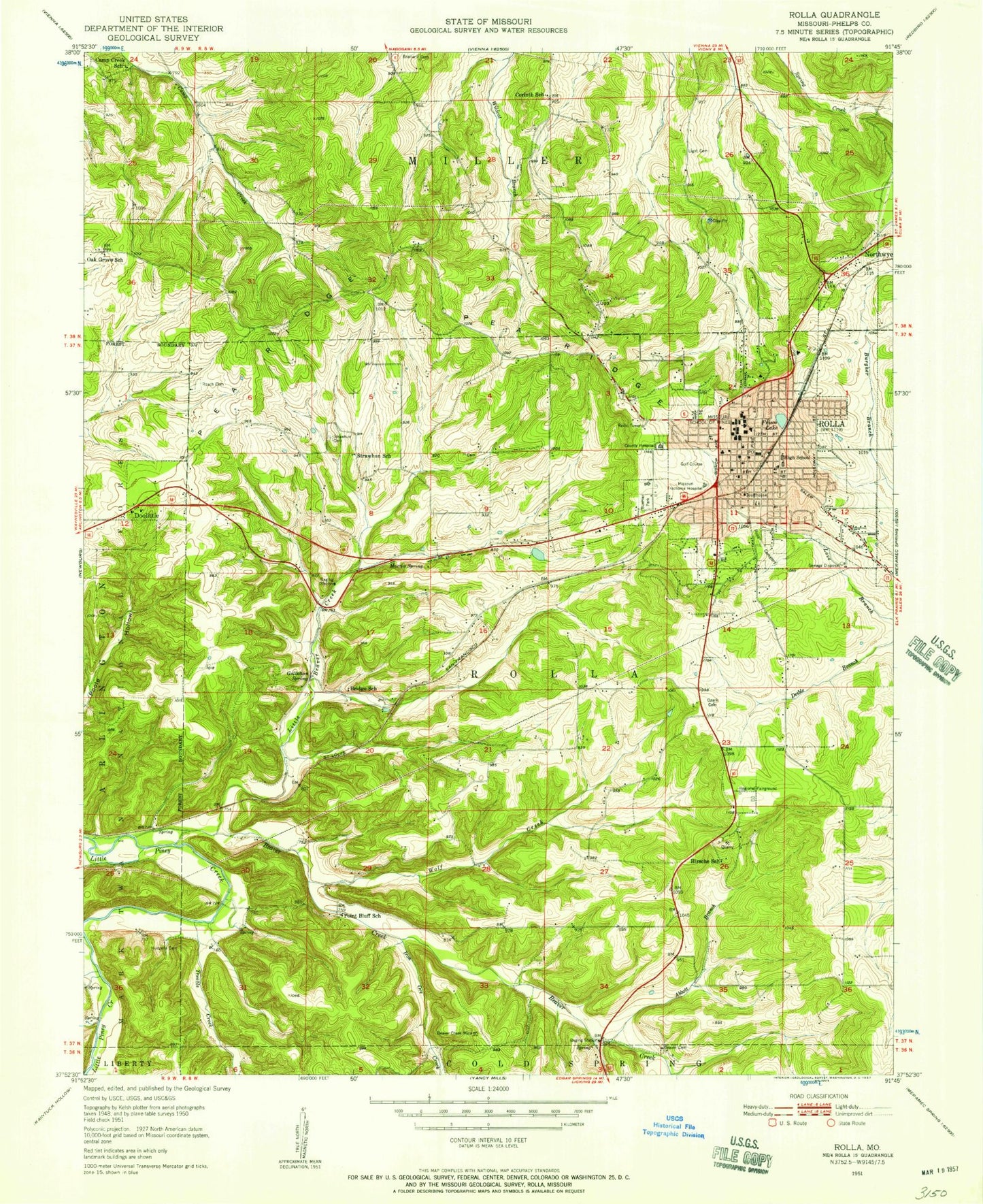 Classic USGS Rolla Missouri 7.5'x7.5' Topo Map Image
