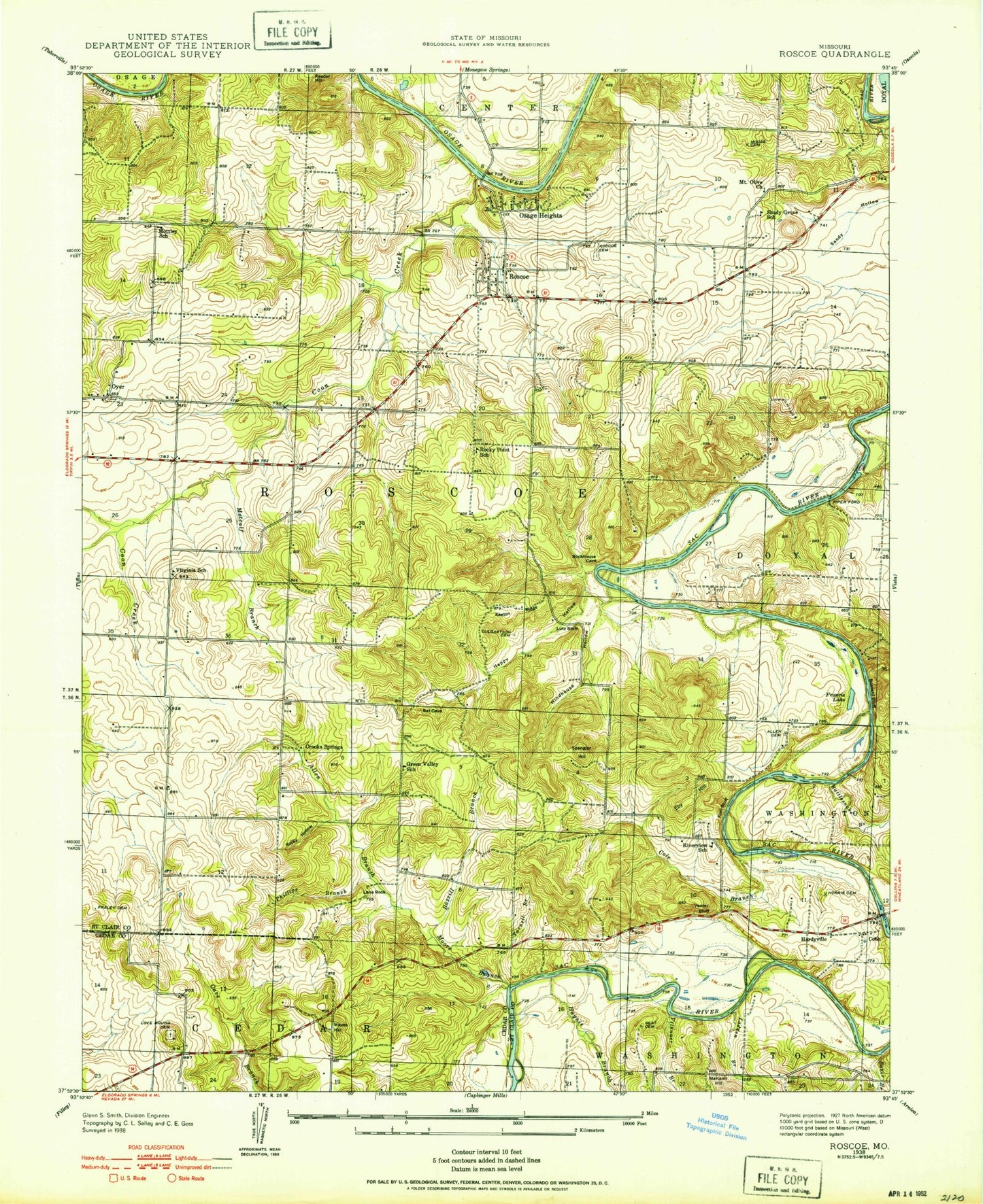 Classic USGS Roscoe Missouri 7.5'x7.5' Topo Map Image