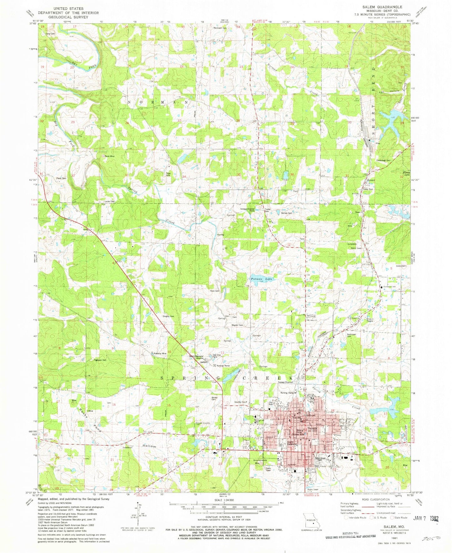 Classic USGS Salem Missouri 7.5'x7.5' Topo Map Image