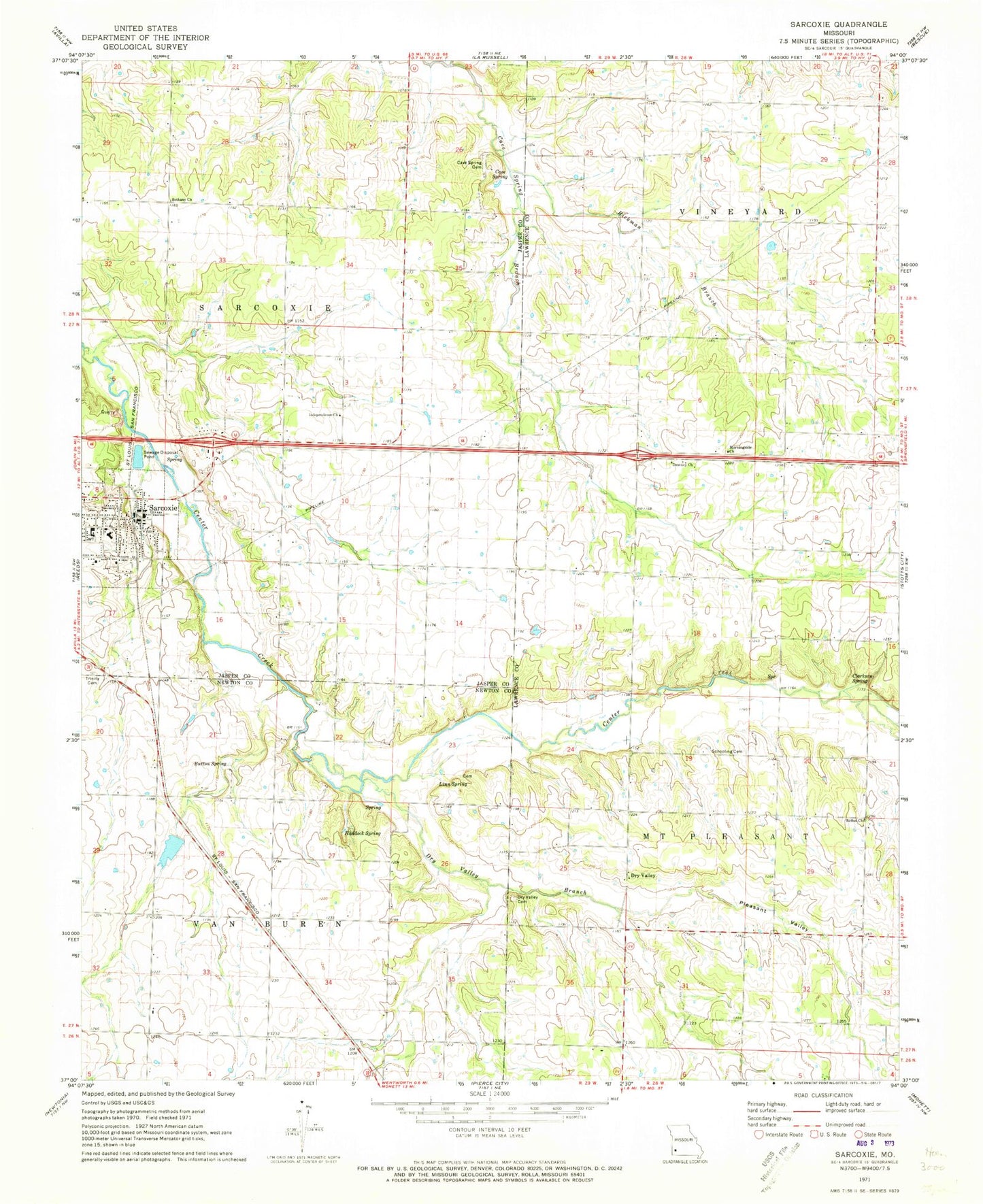 Classic USGS Sarcoxie Missouri 7.5'x7.5' Topo Map Image