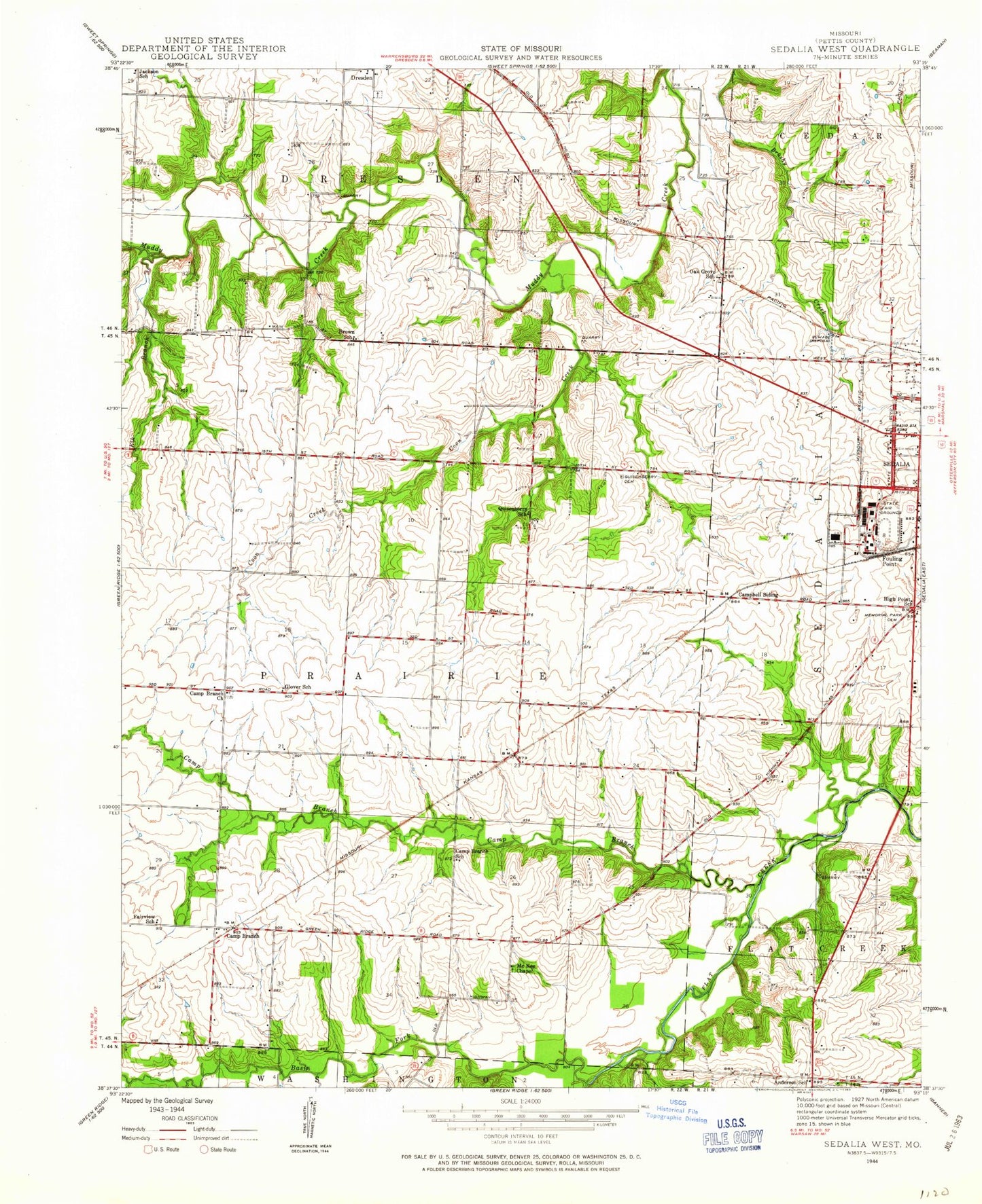 Classic USGS Sedalia West Missouri 7.5'x7.5' Topo Map Image