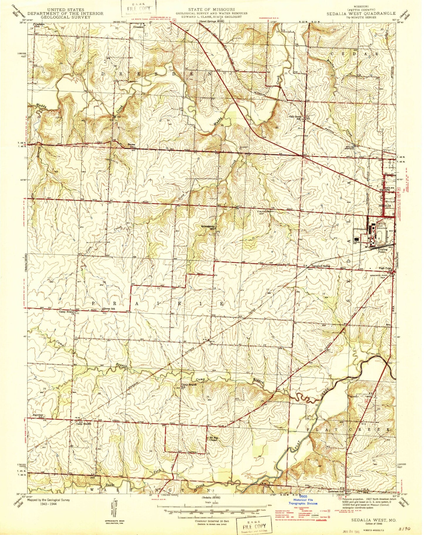 Classic USGS Sedalia West Missouri 7.5'x7.5' Topo Map Image