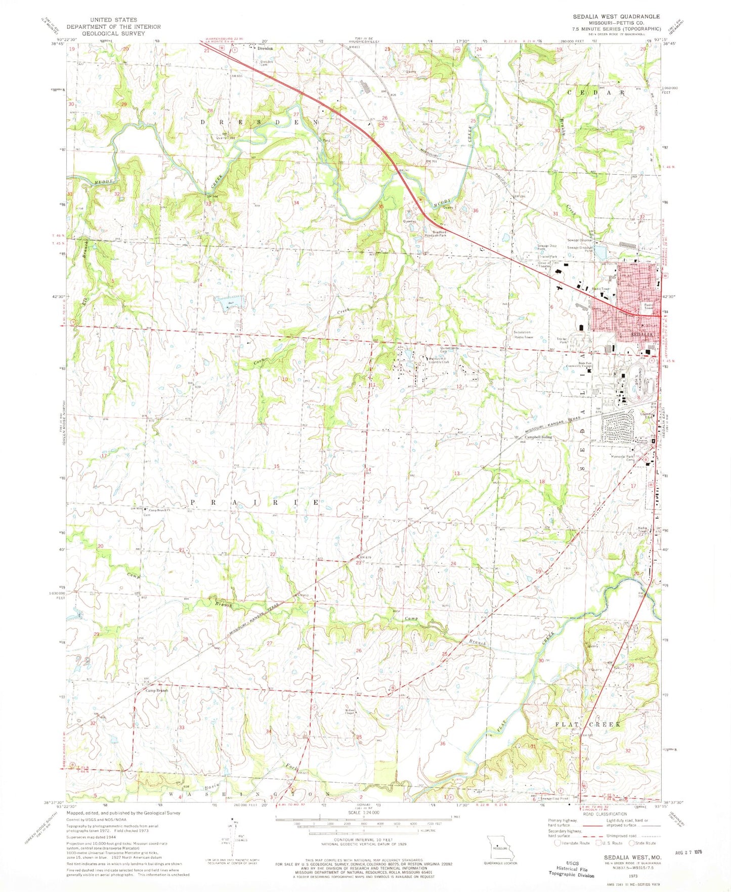 Classic USGS Sedalia West Missouri 7.5'x7.5' Topo Map Image