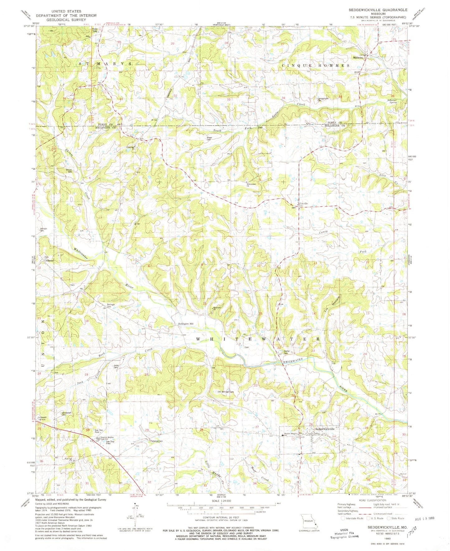 Classic USGS Sedgewickville Missouri 7.5'x7.5' Topo Map Image