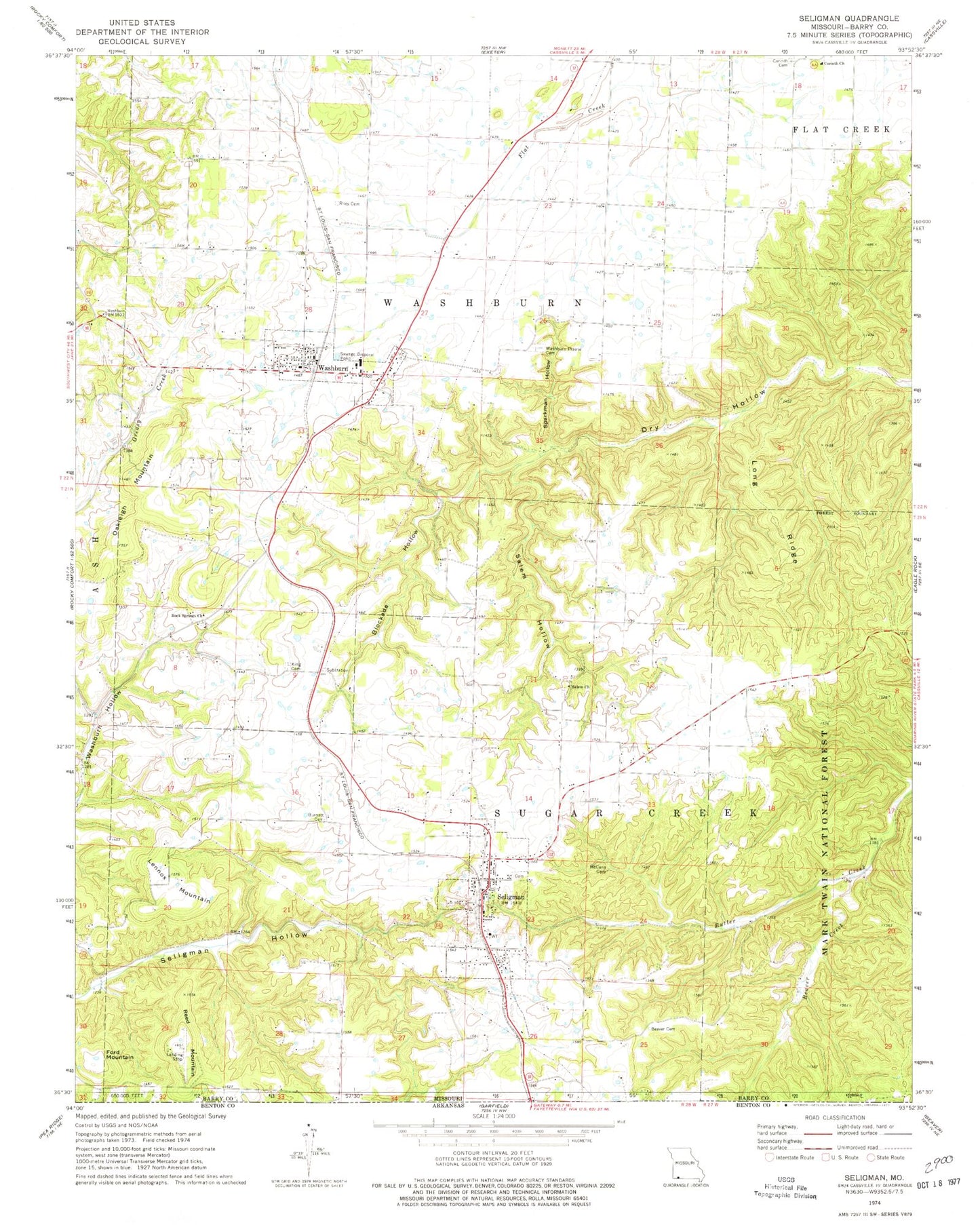 Classic USGS Seligman Missouri 7.5'x7.5' Topo Map Image