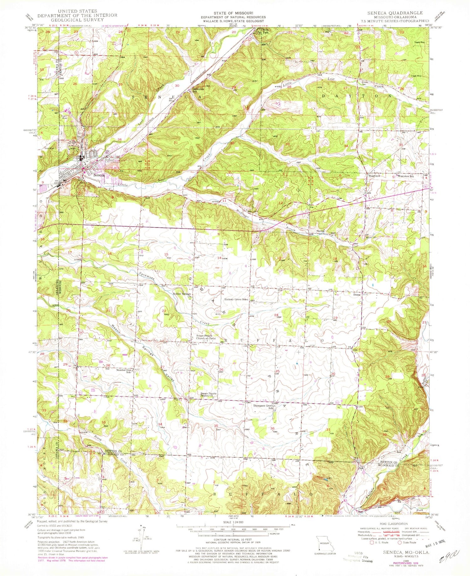 Classic USGS Seneca Missouri 7.5'x7.5' Topo Map Image