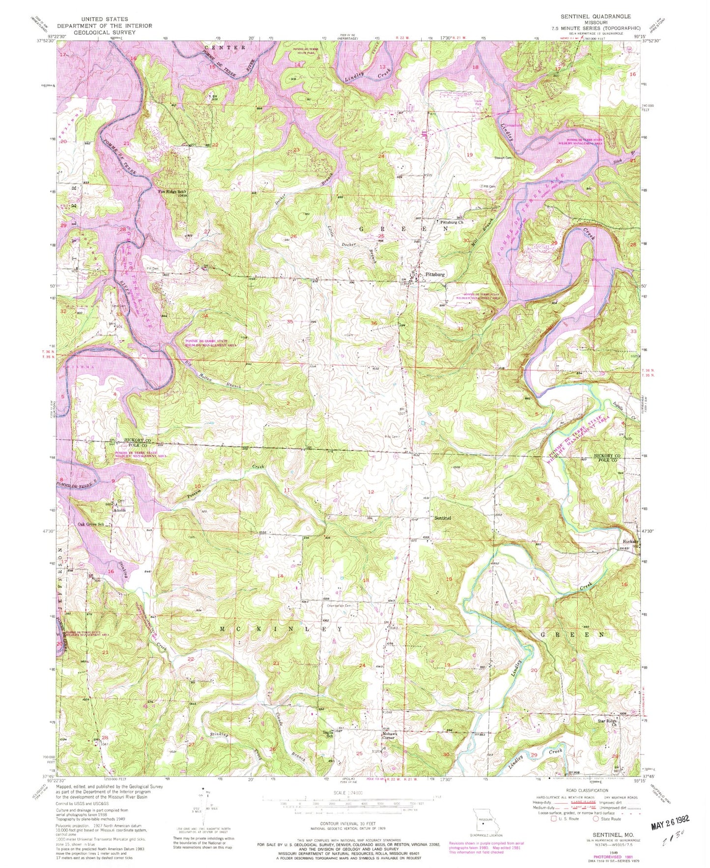 Classic USGS Sentinel Missouri 7.5'x7.5' Topo Map Image