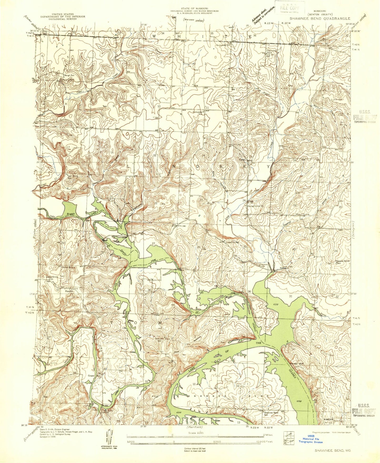 Classic USGS Shawnee Bend Missouri 7.5'x7.5' Topo Map Image