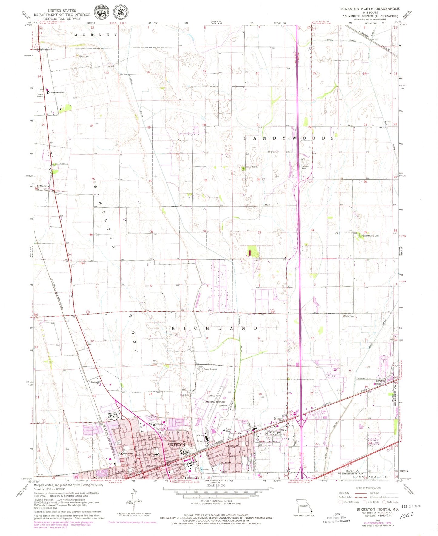Classic USGS Sikeston North Missouri 7.5'x7.5' Topo Map Image