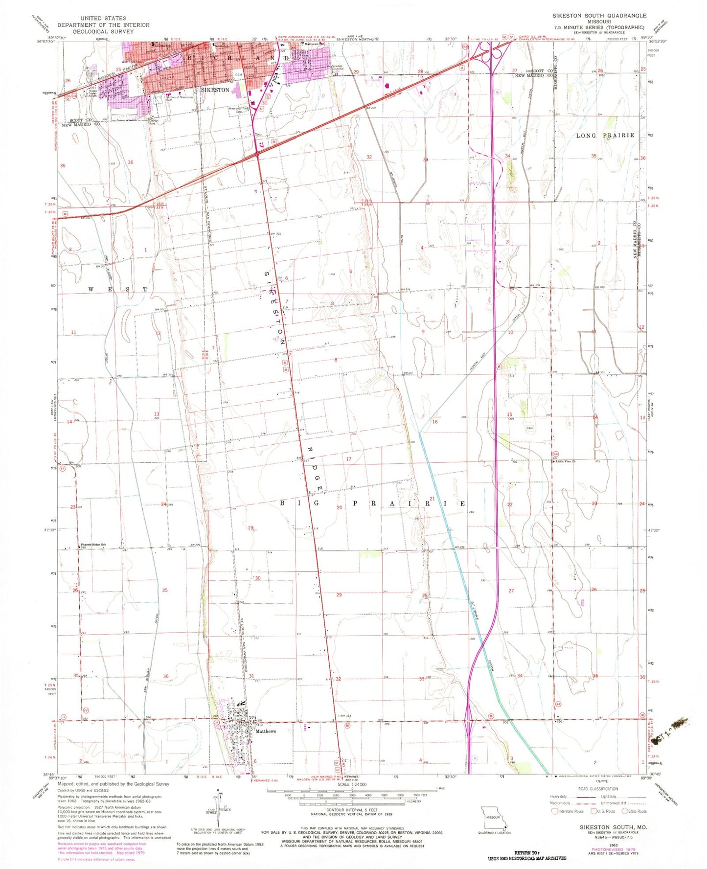 Classic USGS Sikeston South Missouri 7.5'x7.5' Topo Map Image
