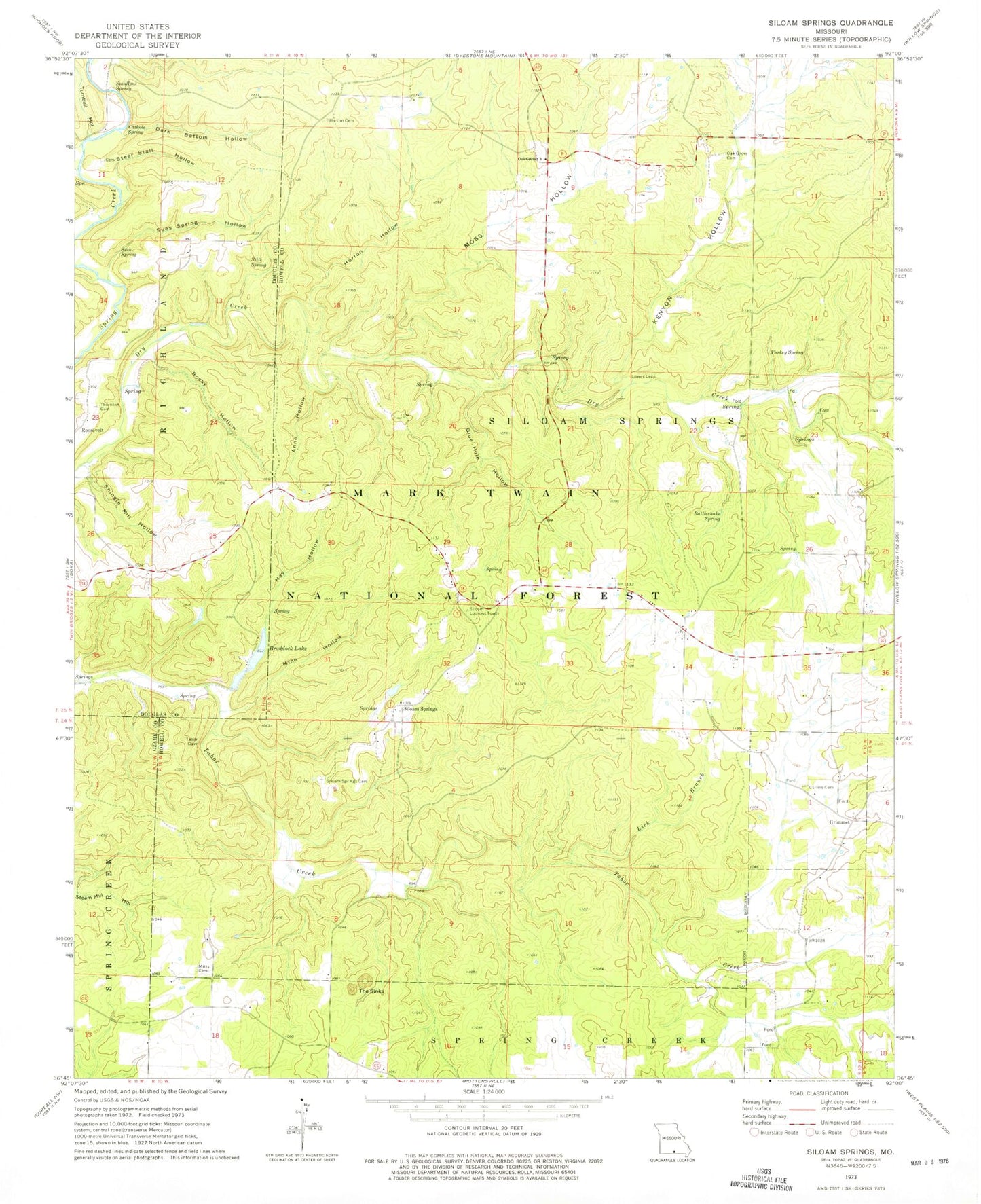 Classic USGS Siloam Springs Missouri 7.5'x7.5' Topo Map Image