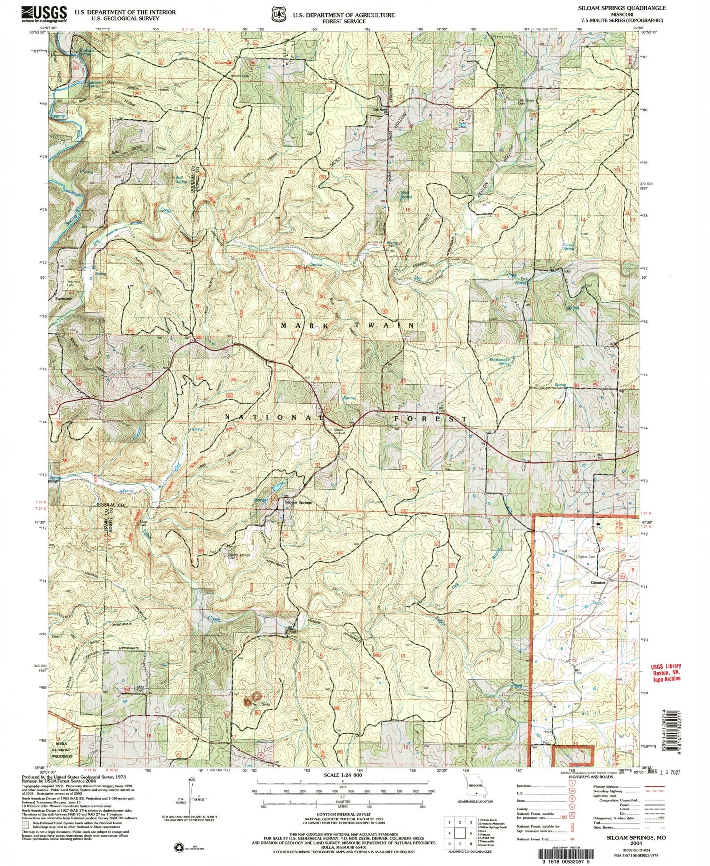 Classic USGS Siloam Springs Missouri 7.5'x7.5' Topo Map Image
