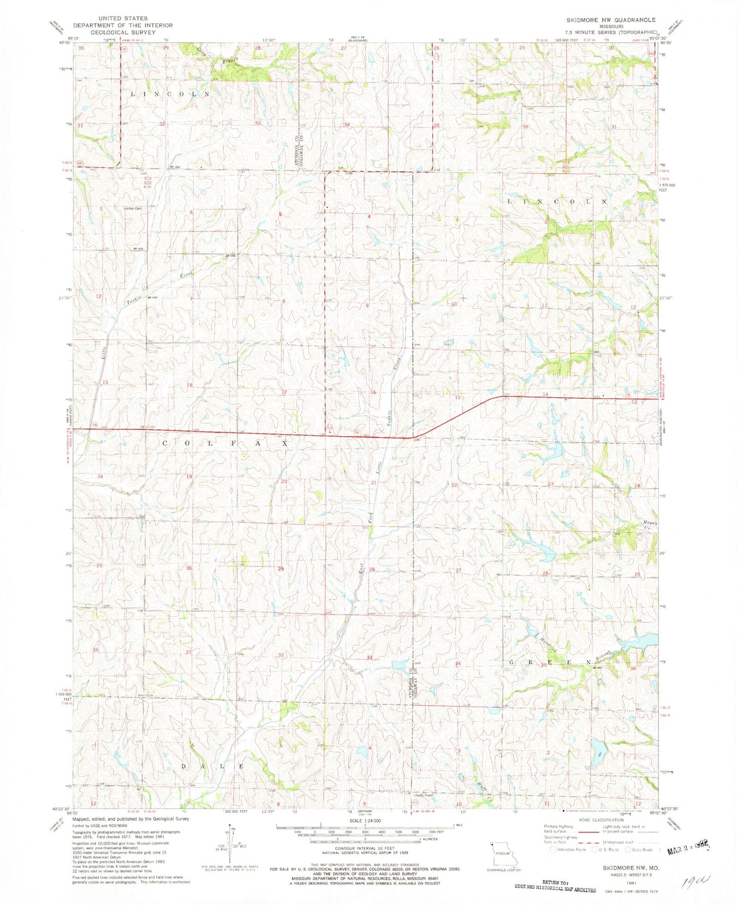 Classic USGS Skidmore NW Missouri 7.5'x7.5' Topo Map Image