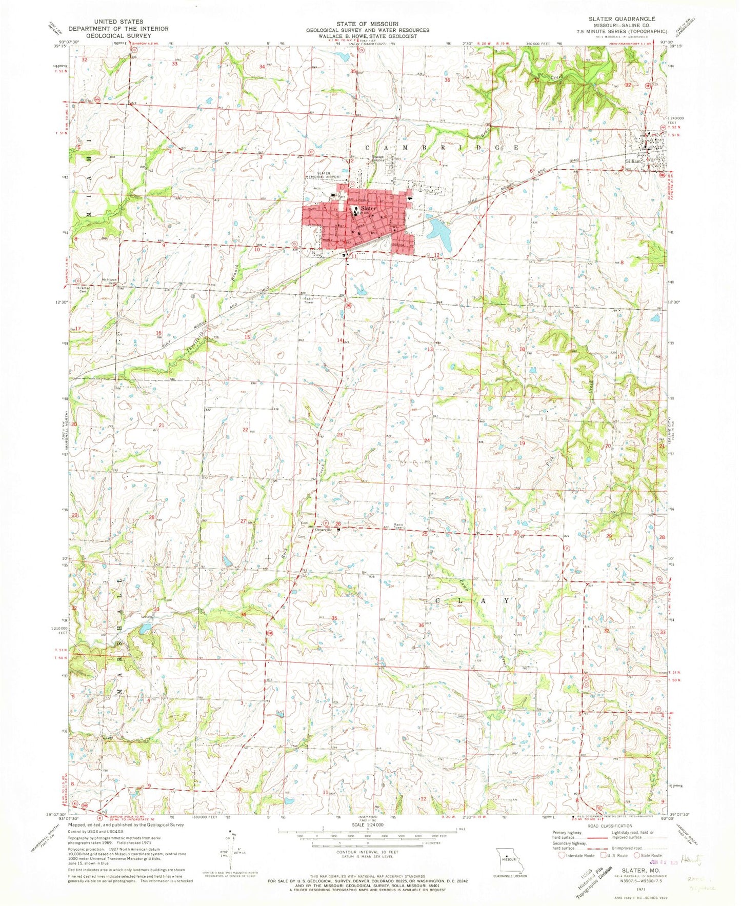 Classic USGS Slater Missouri 7.5'x7.5' Topo Map Image