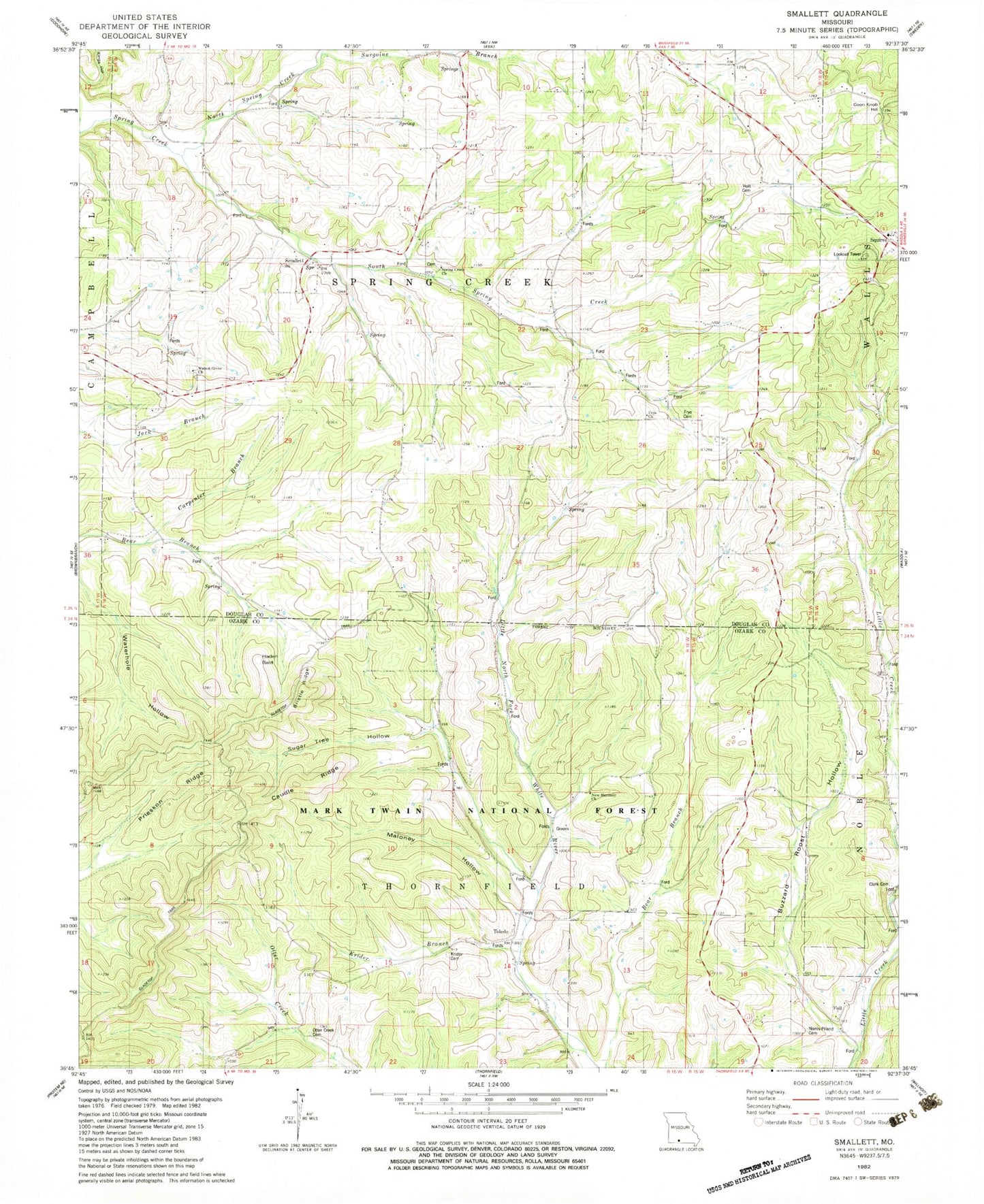 Classic USGS Smallett Missouri 7.5'x7.5' Topo Map Image