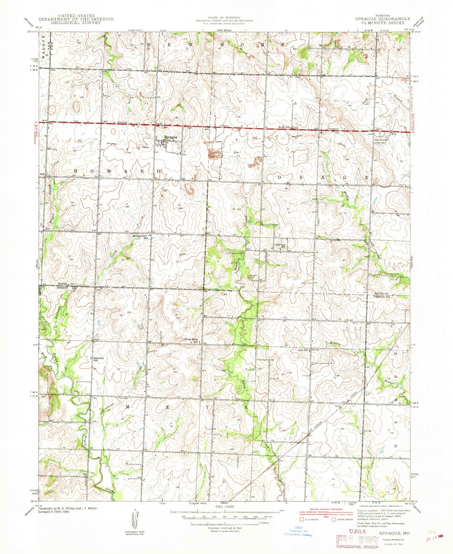 Classic USGS Sprague Missouri 7.5'x7.5' Topo Map Image