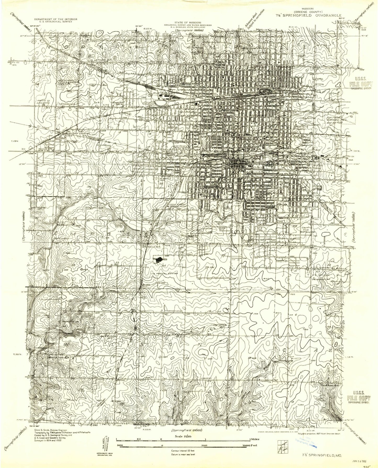 Classic USGS Springfield Missouri 7.5'x7.5' Topo Map Image