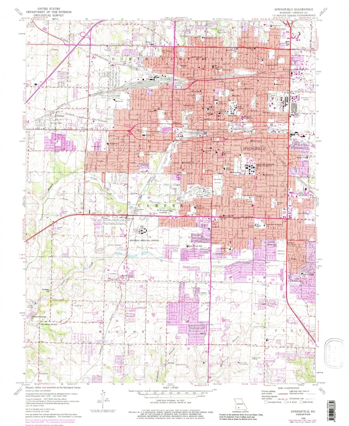 Classic USGS Springfield Missouri 7.5'x7.5' Topo Map Image