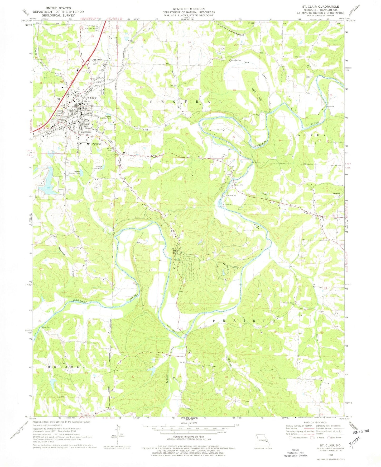 Classic USGS Saint Clair Missouri 7.5'x7.5' Topo Map Image