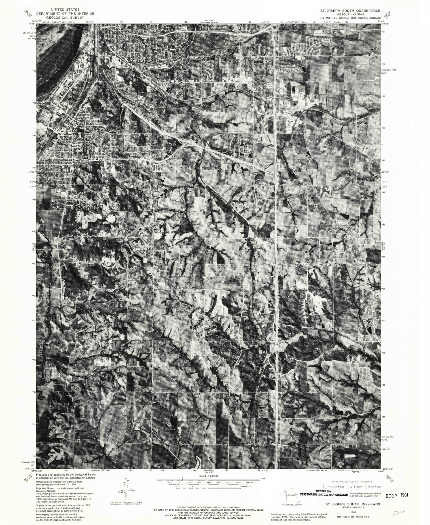 Classic USGS Saint Joseph South Missouri 7.5'x7.5' Topo Map Image