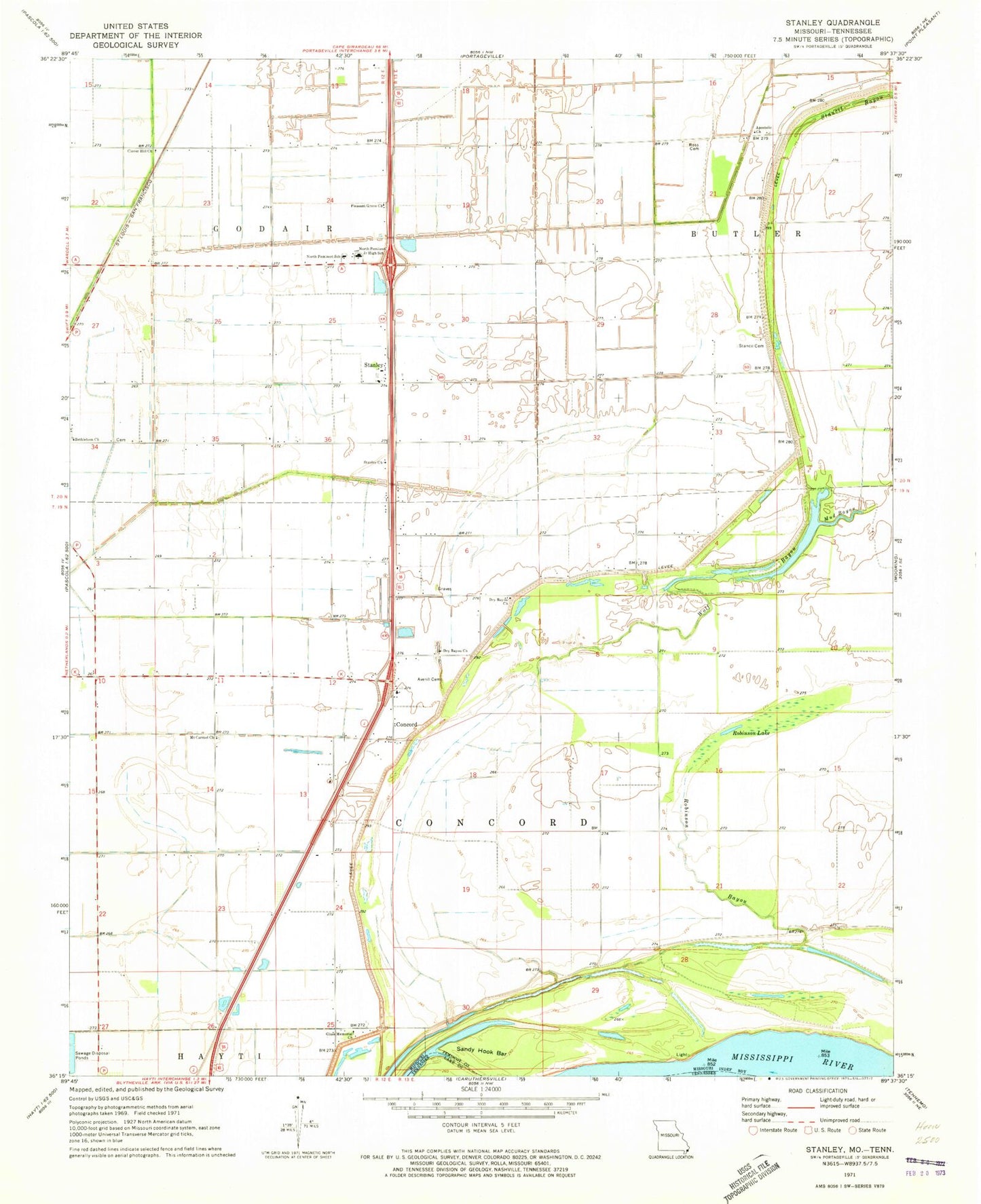 Classic USGS Stanley Missouri 7.5'x7.5' Topo Map Image