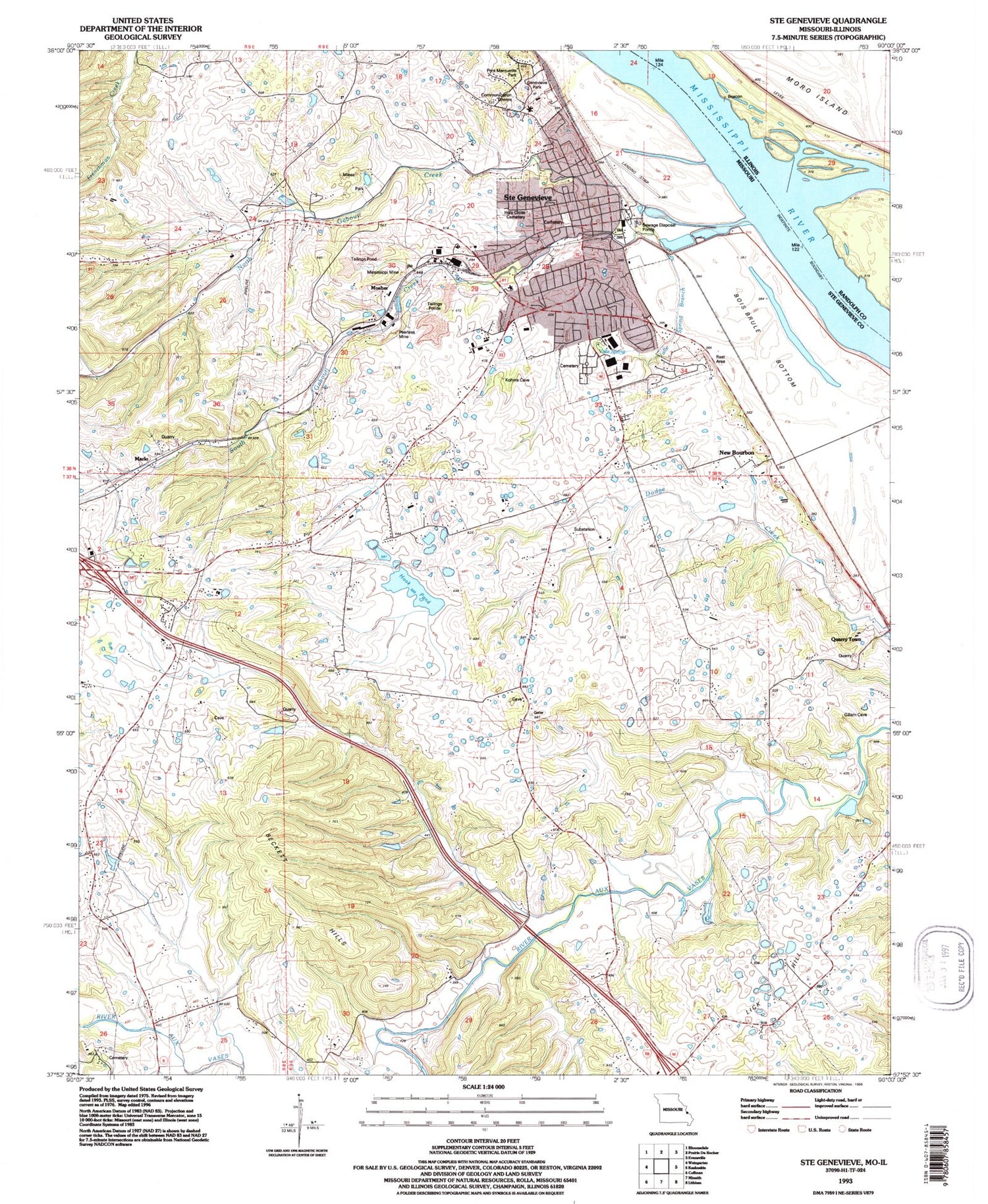 Classic USGS Sainte Genevieve Missouri 7.5'x7.5' Topo Map Image