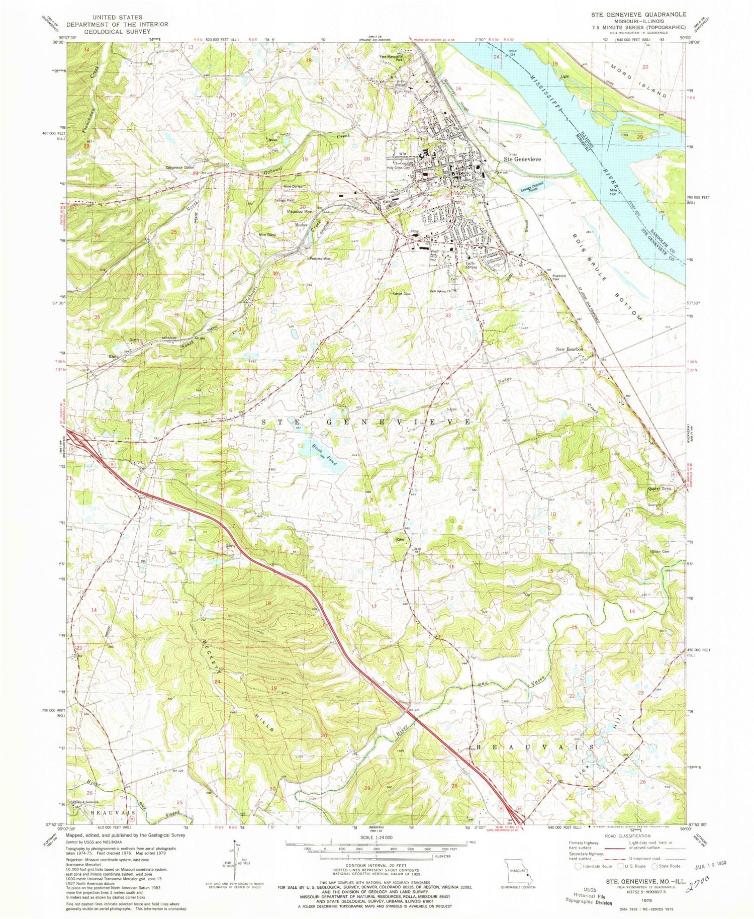 Classic USGS Sainte Genevieve Missouri 7.5'x7.5' Topo Map Image