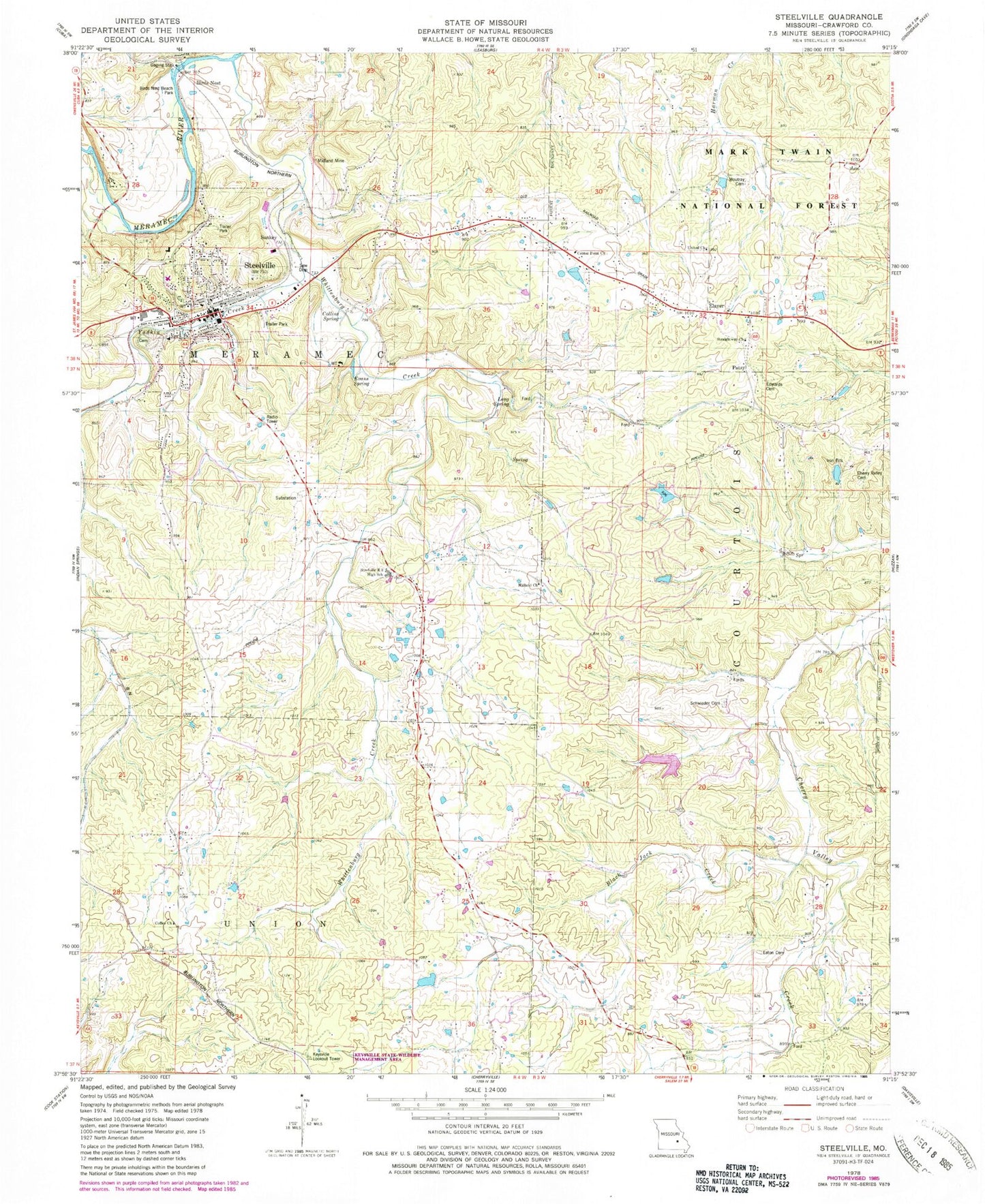 Classic USGS Steelville Missouri 7.5'x7.5' Topo Map Image